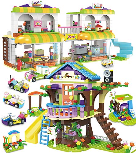 1195 Pieces Tree House Building Toy Kit, Shopping Supermarket Creative Blocks Set for Kids - Portable Storage Box with Base Plates Lid - Best Learning and Roleplay Gifts for Boys Girls Ages 6-12