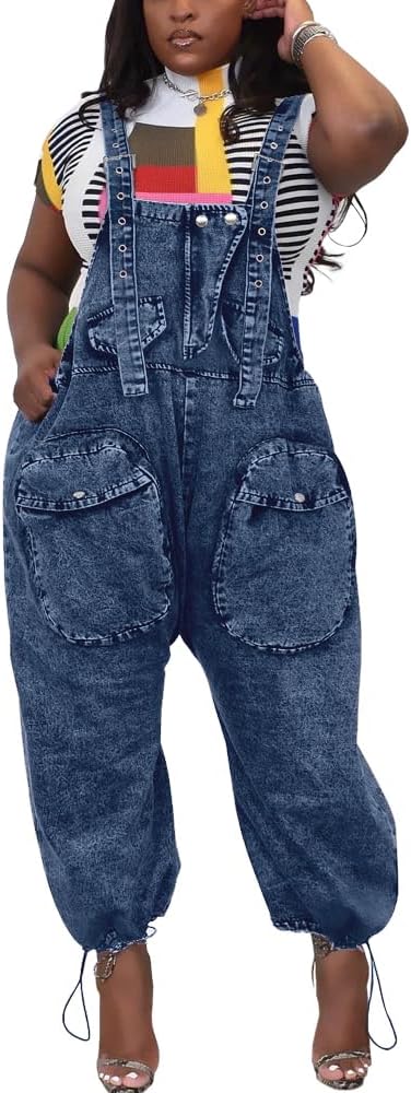 HTD Women's Bib Denim Overalls Loose Wide Leg Jean Jumpsuit With Cargo Pockets