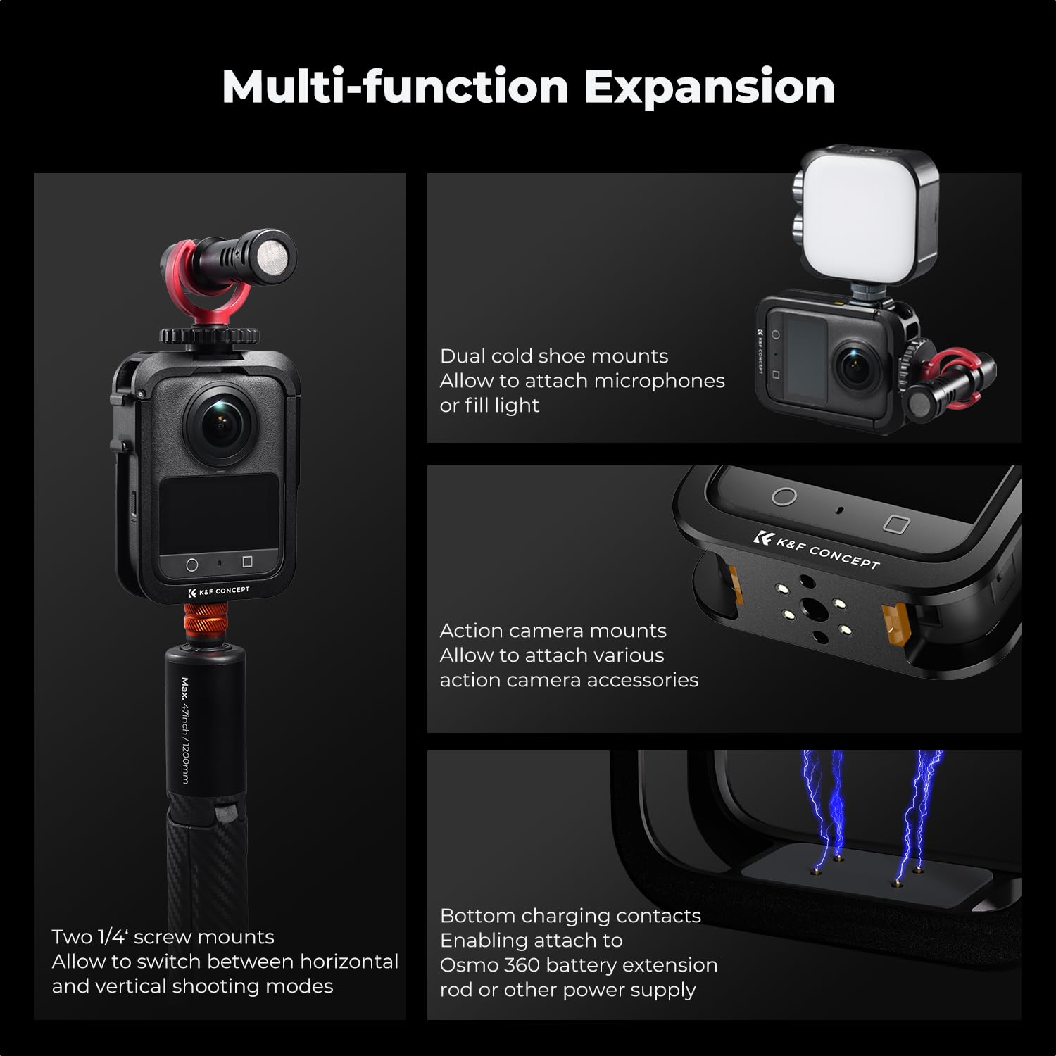 K&F CONCEPT Gabbia Metallica Compatibile con DJI Osmo 360 | Custodia Protettiva in Alluminio | Include Coprilenti in Silicone, Telaio con 2 Attacchi a Freddo e Contatti di Ricarica