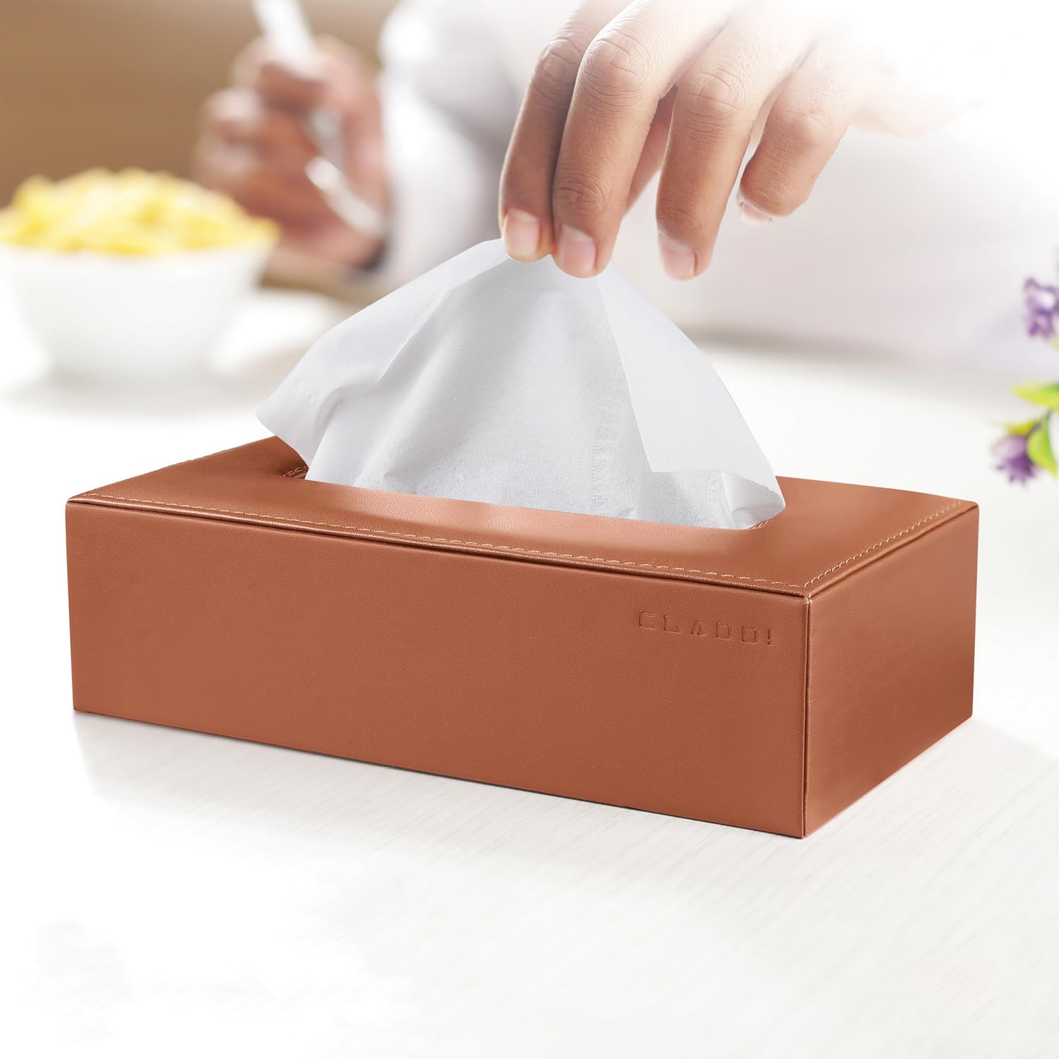 CLADD INTERNATIONAL Vegan Leather Handcrafted Rectangular Tissue Paper Box Cover | Regular Facial Napkin Holder | Organizer Case | Office Desk Gift Home Table Decor Car Hotel & Restaurant | Solid Tan