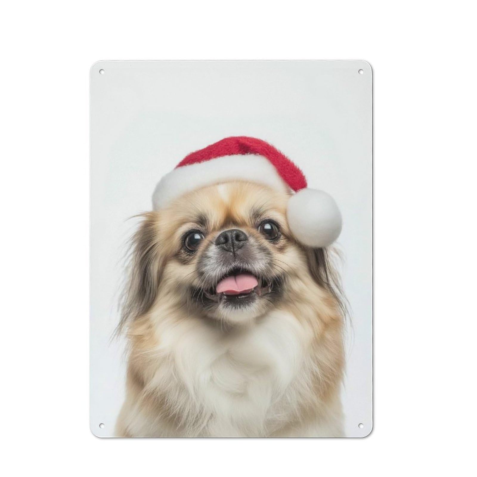 Junmoney Pekingese Dog With Santa Hat Portrait Retro Tin Wall Plaque 40X30cm For Dining Room Or Kitchen, For Home Decor Collectors