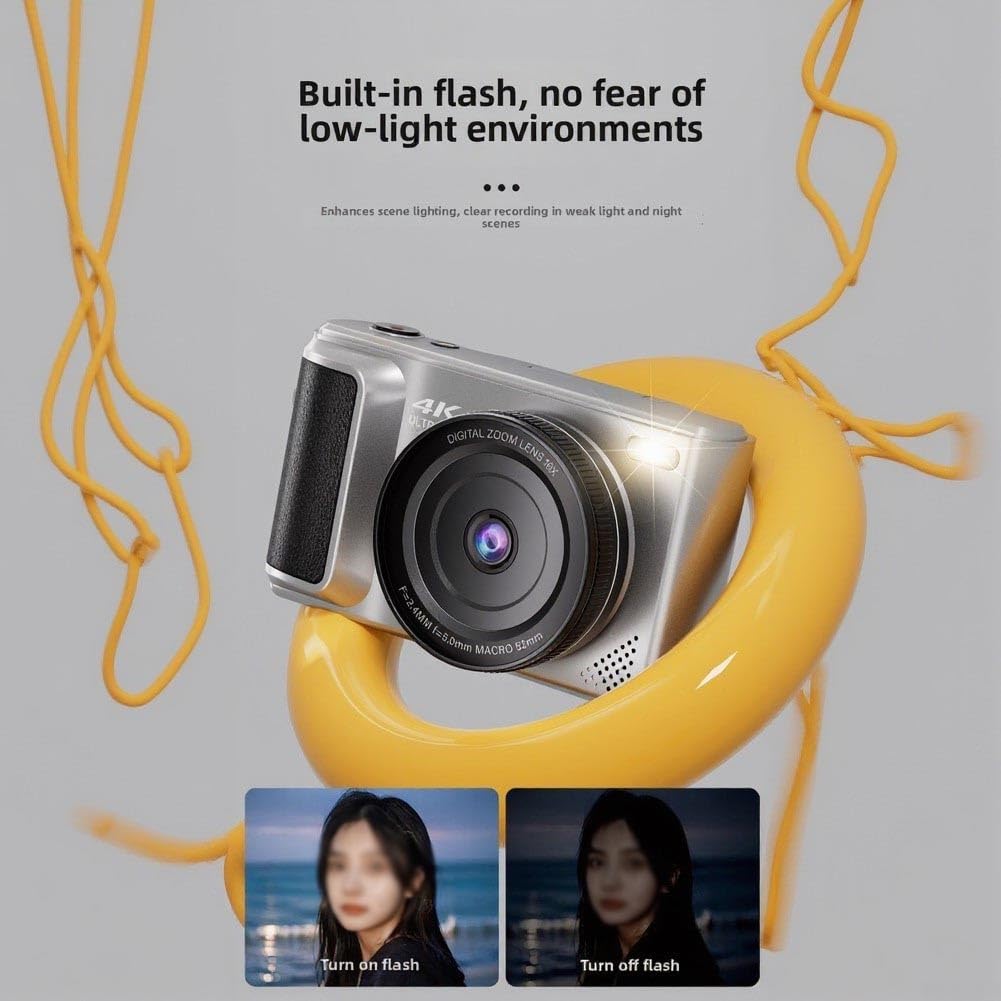 Telecamera con schermo flip da 64 MP, con controllo vocale, per immagini ultra HD con scheda di memoria da 64 GB, CCD leggero per principianti di fotografia (argento)