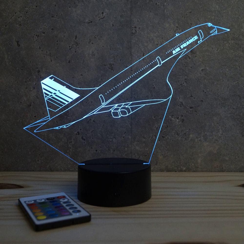 Lampe LED 3D Concorde – Veilleuse 16 Couleurs + Télécommande – Cadeau Passion Aviation & Avion Supersonique – Décoration Aéronautique – Fabrication Française Artisanale