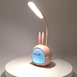 Rechargeable Cute Animal LED Table Night Light, Reading Light, Desk Lamp. 3 Modes Lights, RGB Effect. 360° Adjustability. for Nursery Room, Study & Work Room, Bedroom(Pink Rabbit)