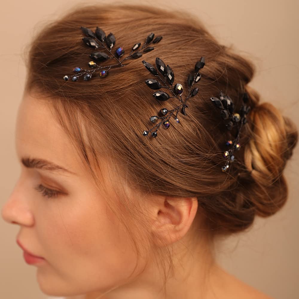 Bridal Black Rhinestone Hair Pins Women Crystal Wedding Hair Accessory Black Teardrop Crystal Hair Pins for Women and Girls（3pcs）