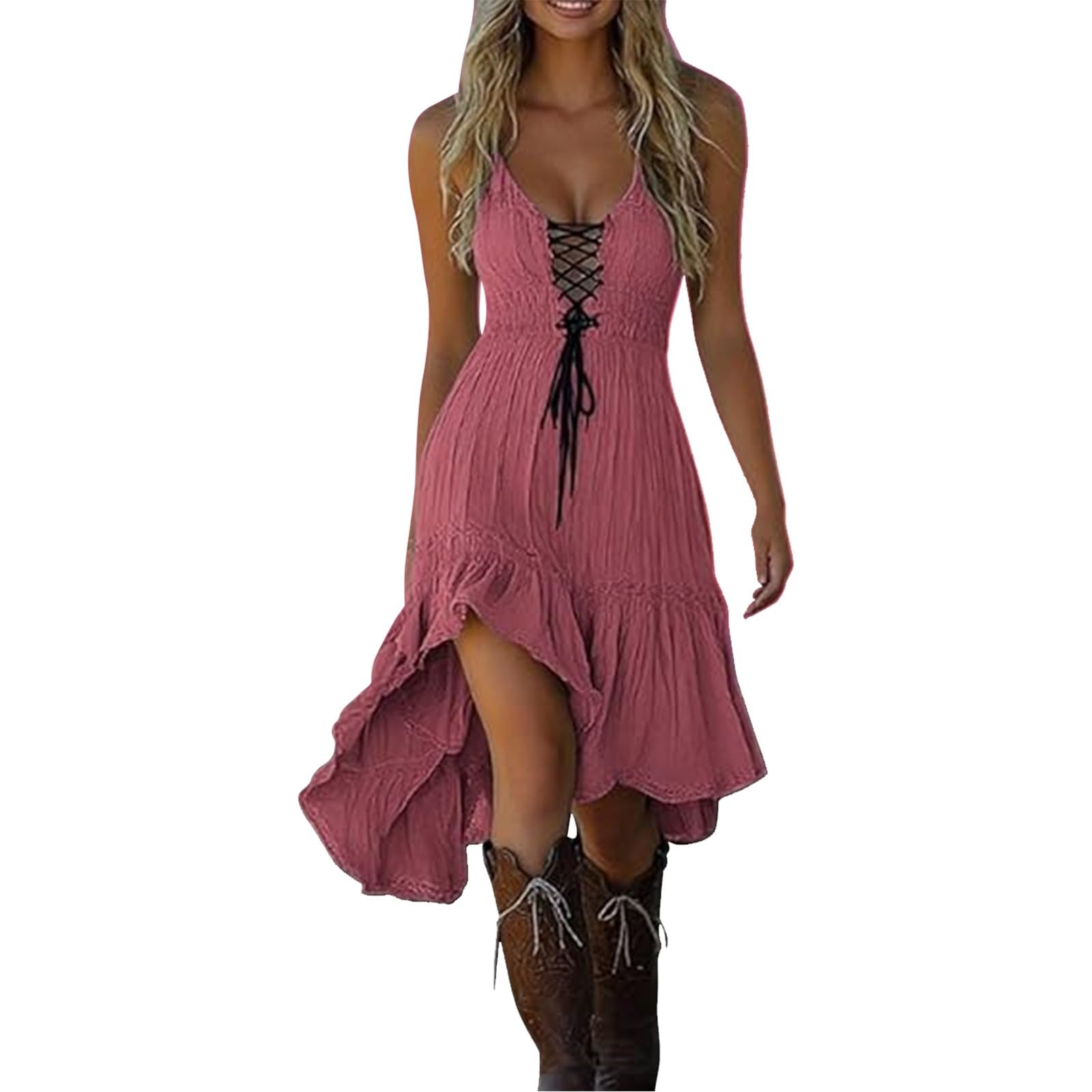 Pink Women's Vintage Western Cowboy Denim Dress - Floral Lace Trim Off Shoulder Flare Dress Halloween Costume 70S Inspired Prairie Outfit Country Party Dresses Ladies Cowgirl Retro Cosplay Wear