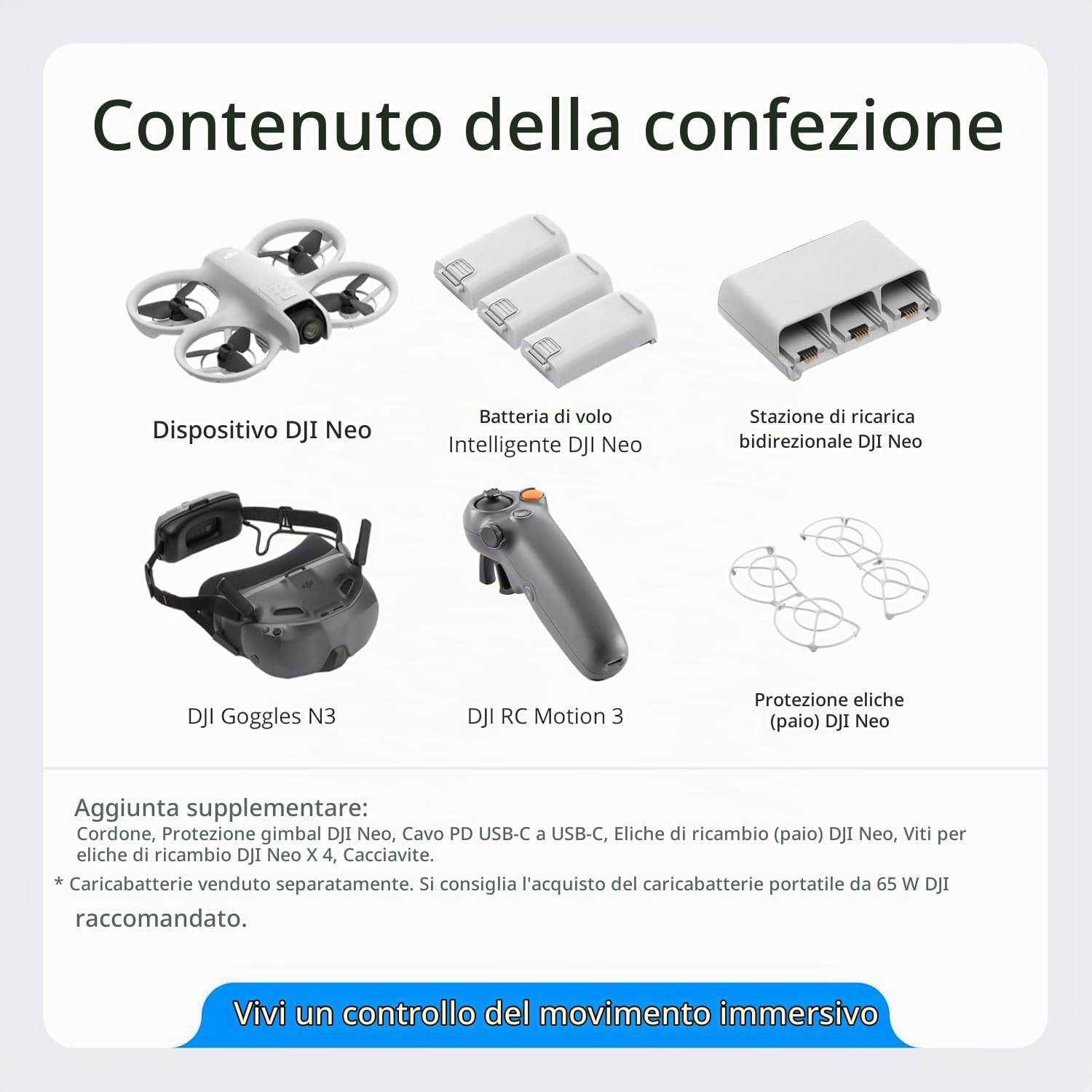 DJI Neo Combo Motion Fly More, mini drone con fotocamera UHD 4K per adulti, 135g drone che vola da solo e ti segue, decollo dalla mano, tracciamento IA del soggetto, con RC Motion 3 e 3 batterie