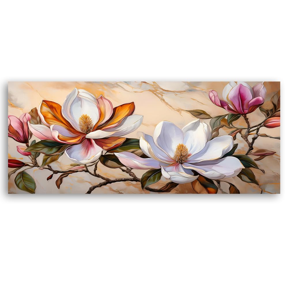 Feeby Leinwand Bilder - Bild Wohnzimmer - Magnolien Zweig Blumen Marmor - 120x40 1tlg - Deko Schlafzimmer Groß - Dekoration Canvas - Gemälde - Modern Wandbilder - Kunstdruck