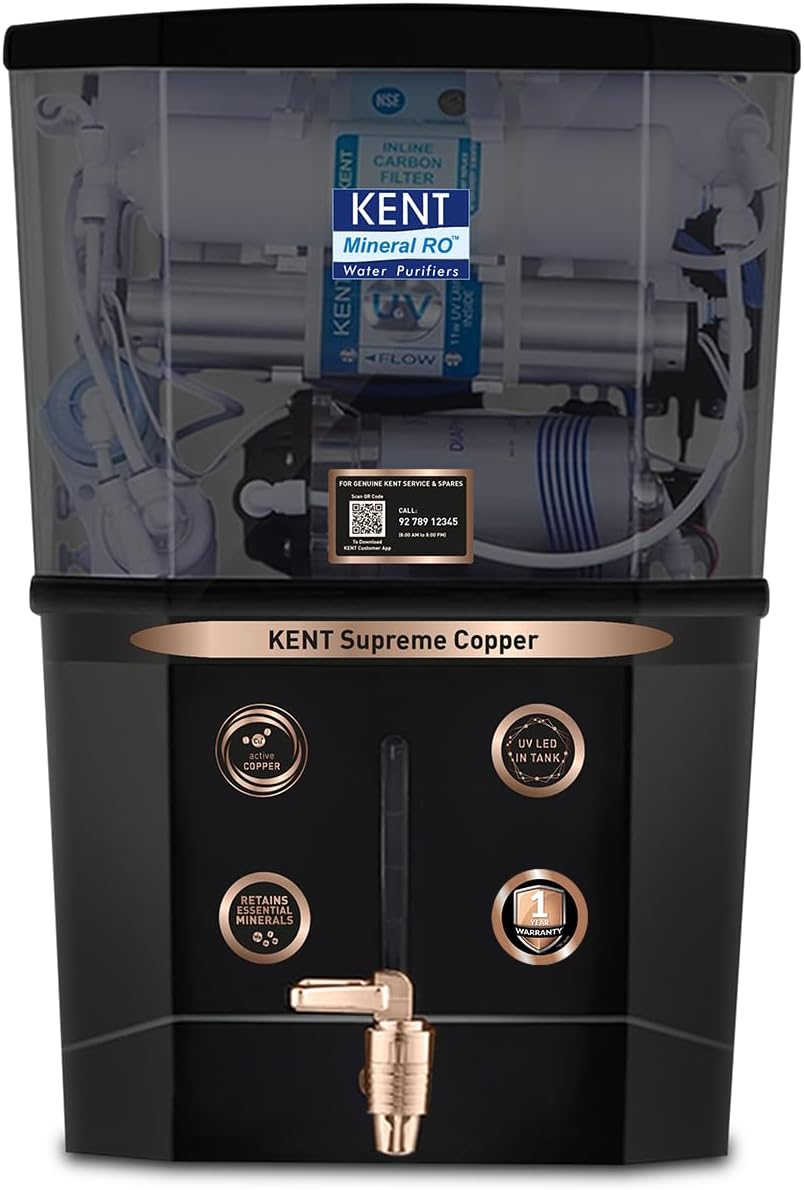 KENT Supreme Copper RO Water Purifier | Advanced RO Tech for Sabse Shudh Paani | RO+UV+UF+Copper+TDS Control+UV LED Tank | Auto Flush | 8L | 20LPH | Ideal for Borewell/Tanker/Municipal Water | Black