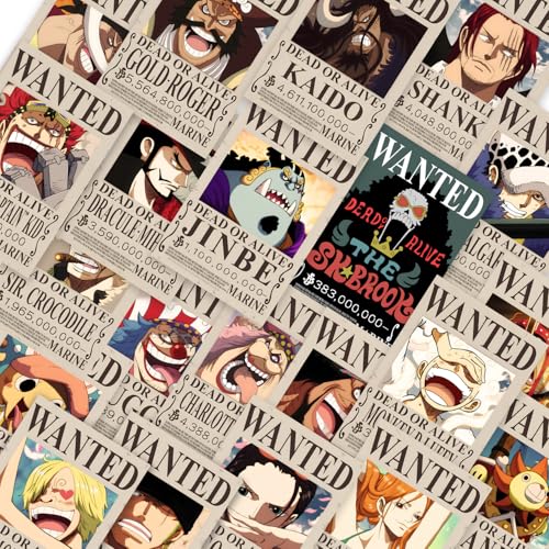 Image of 21PCS One Piece Wanted Posters Set - 4x6 Inch New Bounty Edition - Straw Hat Pirates Wall Decor (Luffy, Zoro, Nami, Sanji, Chopper, Robin, Franky, Brook, Jinbe) - 100 Glue Dots Included