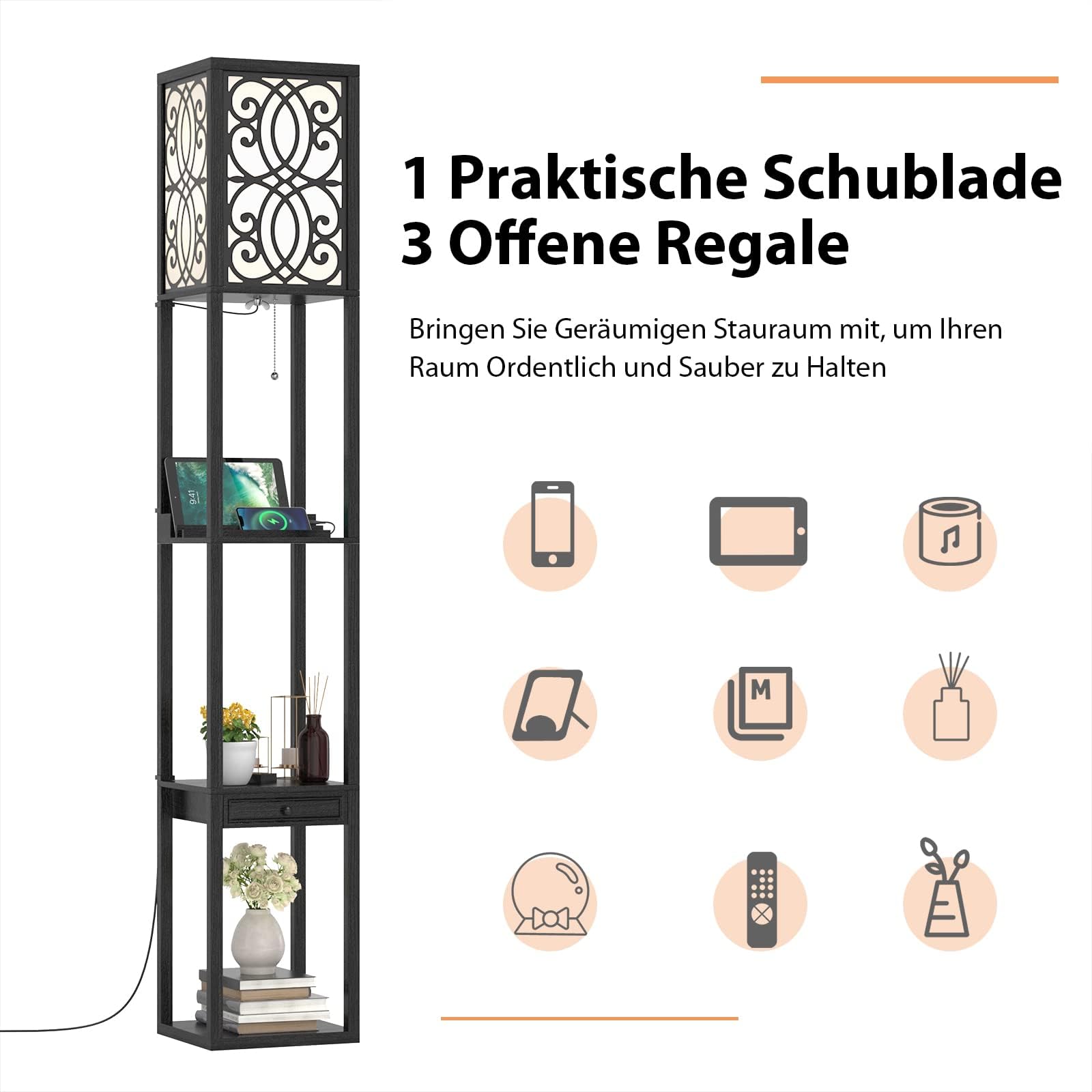 COSTWAY Stehlampe Wohnzimmer 160cm, E27, mit 2 USB Anschlüsseln, 3 Ebenen Stehleuchte mit Schublade, Standleuchte Holz, Holzregal Innenbeleuchtung für Wohnzimmer & Schlafzimmer