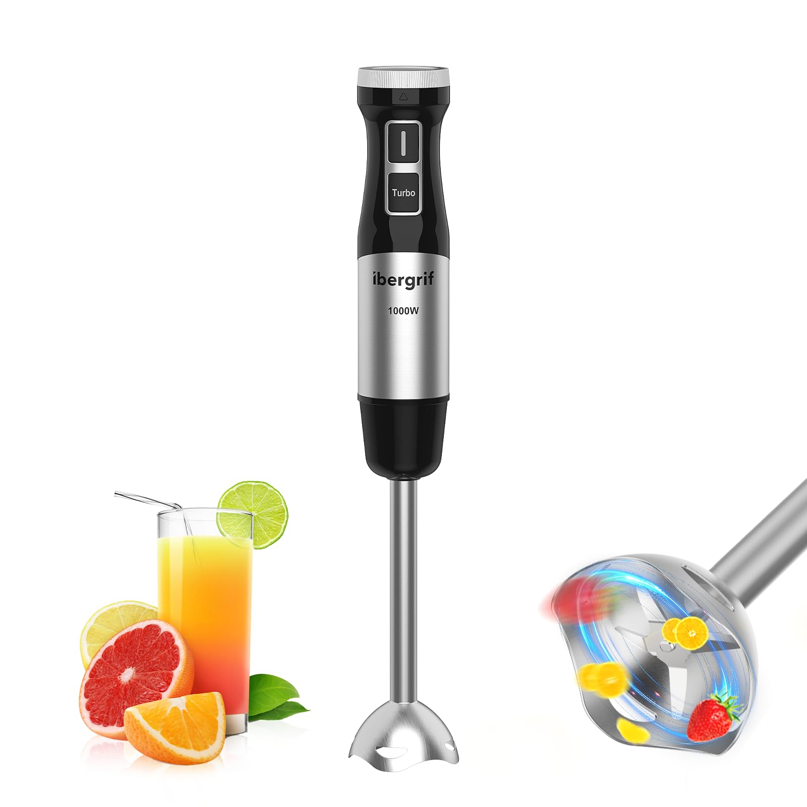 Ibergrif Batidora de Mano 1000W de Acero Inoxidable para Uso Diario con Control de Velocidad Progresivo y Botón Turbo para Sopas Purés Smoothies y Salsas Global Recycled Standard Global Recycled Standard Global Recycled Standard