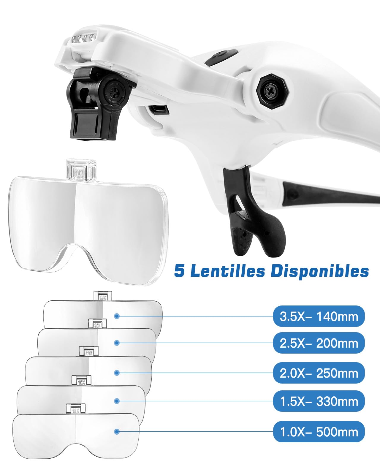 Anpro Lunette Loupe USB Rechargeable LED 4 Lumières Luminosité Réglable 5 Lentilles Détachables 1X-3.5X