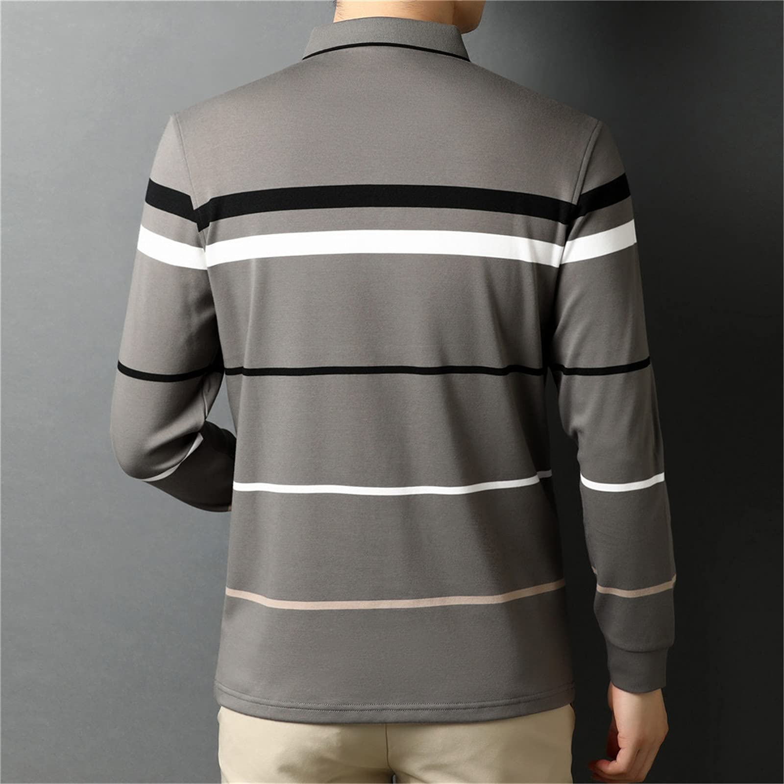 Herbst Business Casual Mode Streifen Langarm Weiche Baumwolle Knopf Poloshirt Herren Kleidung, grau, S