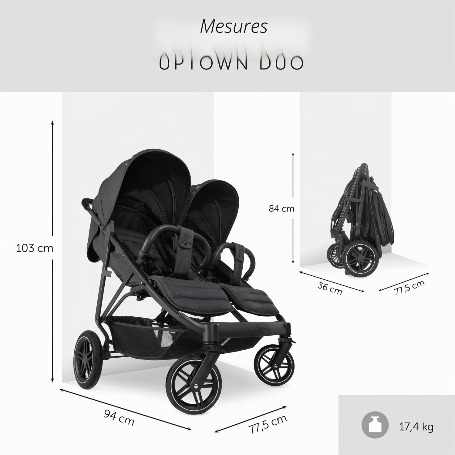 hauck Poussette Double Jumeaux UpTown Duo, avec Position Couchée, Pliable, Compacte, Tout Terrain, Jusqu'à 30 kg, Pare Soleil UV 50+ et Porte Gobelet, Noir