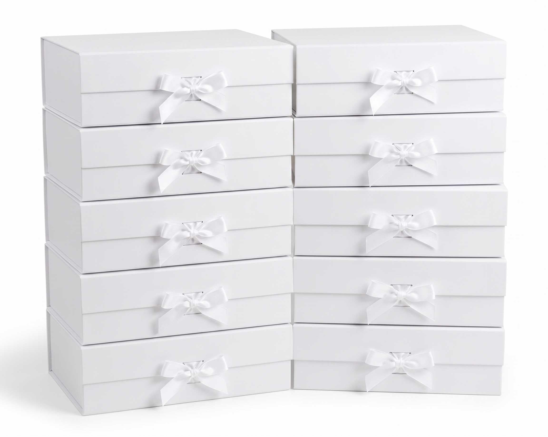 Emartbuy White Flat Pack Magnetic Gift Box with Ribbon – 33 x 25 x 12 cm – Fits Books, Clothing & Mid-Size Gifts – Birthdays Weddings Christmas Corporate Gifting Trade Wholesale – Pack of 10 Boxes