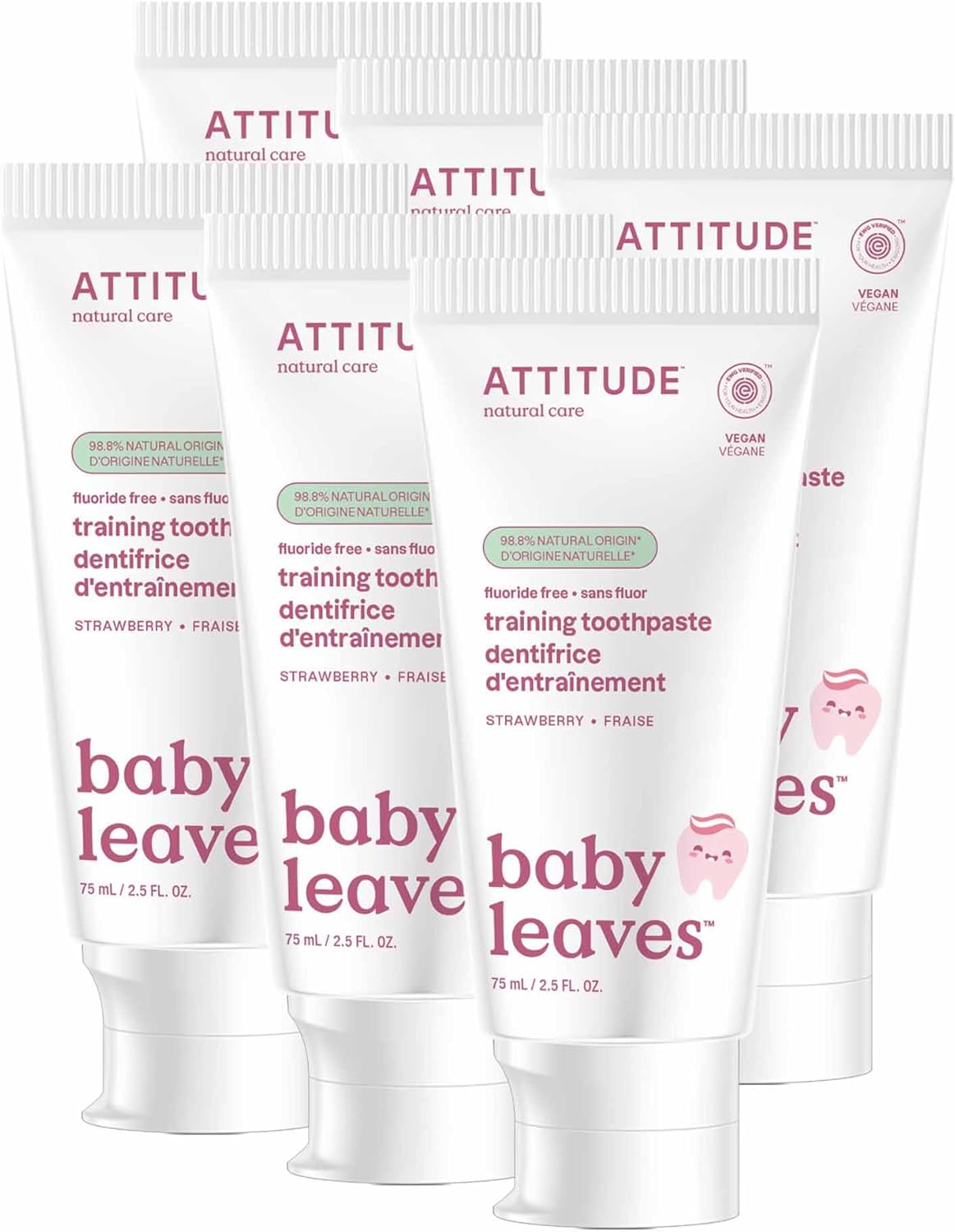 ATTITUDE Baby & Child Fluoride-Free Training Toothpaste, Natural, Vegan, EWG Verified, Strawberry, 2.6 Oz (Pack of 6)