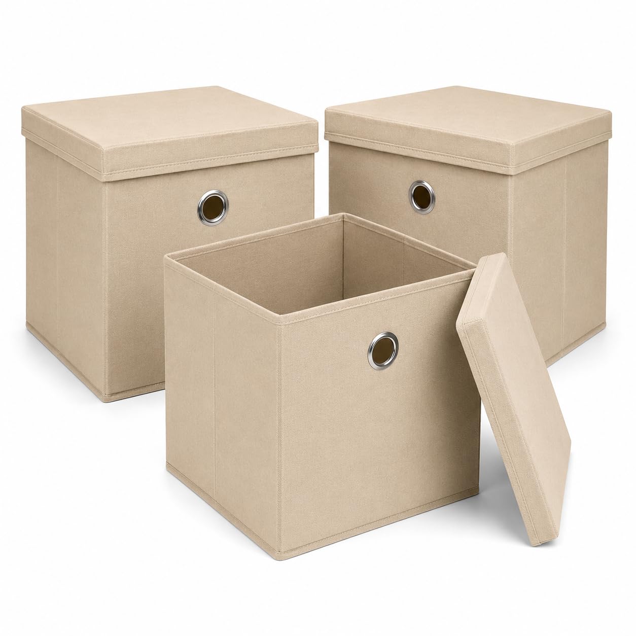 Set of 3 Fabric Storage Cube Box with Lid, Foldable Fabric Storage Basket, Non-Woven Storage Organiser Bin with Handle for Clothes, Toys, Books, Shelves, Wardrobes & Home Storage (Beige, 25x25x25cm)