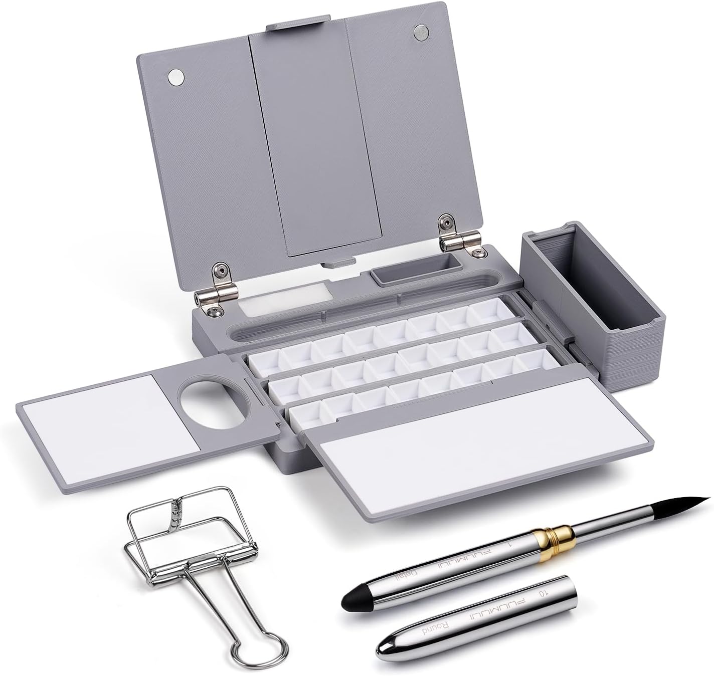 Fuumuui Travel Watercolor Palette Box, All-in-One Portable Watercolor Kit with 24 Empty Removable Half-pan Grids, Travel Brush, Watercolor Cup and Clip - Plein Air Set for Right Hand Artists