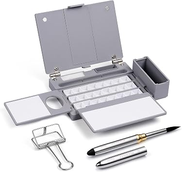 Fuumuui Travel Watercolor Palette Box, All-in-One Portable Watercolor Kit with 24 Empty Removable Half-pan Grids, Travel Brush, Watercolor Cup and Clip - Plein Air Set for Right Hand Artists