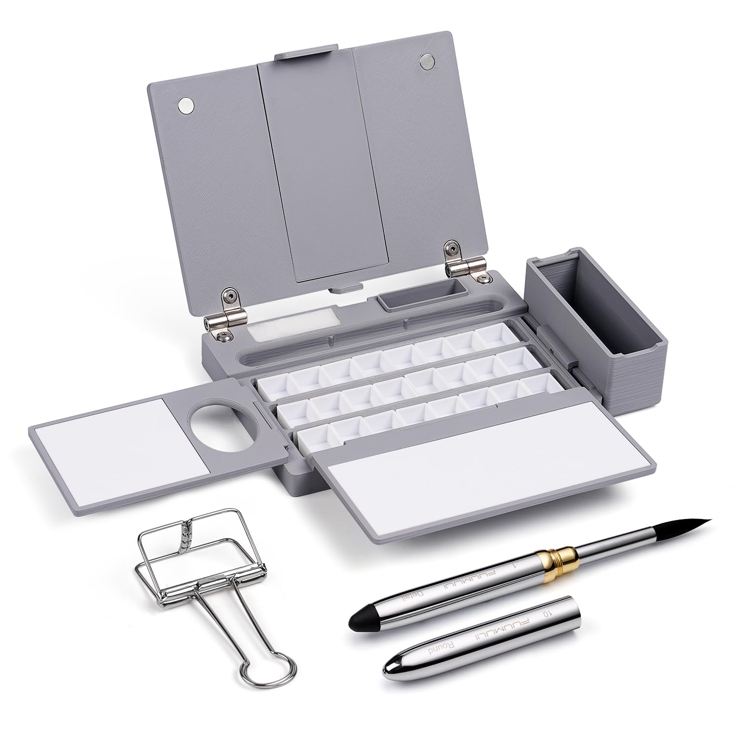 Fuumuui Palette Aquarelle de Voyage Vide, Boîte Aquarelle Pliable avec 24 Demi-Godets et Pinceau de Voyage, Palette Portable sans Peinture pour Aquarelle en Plein Air, Croquis et Déplacements