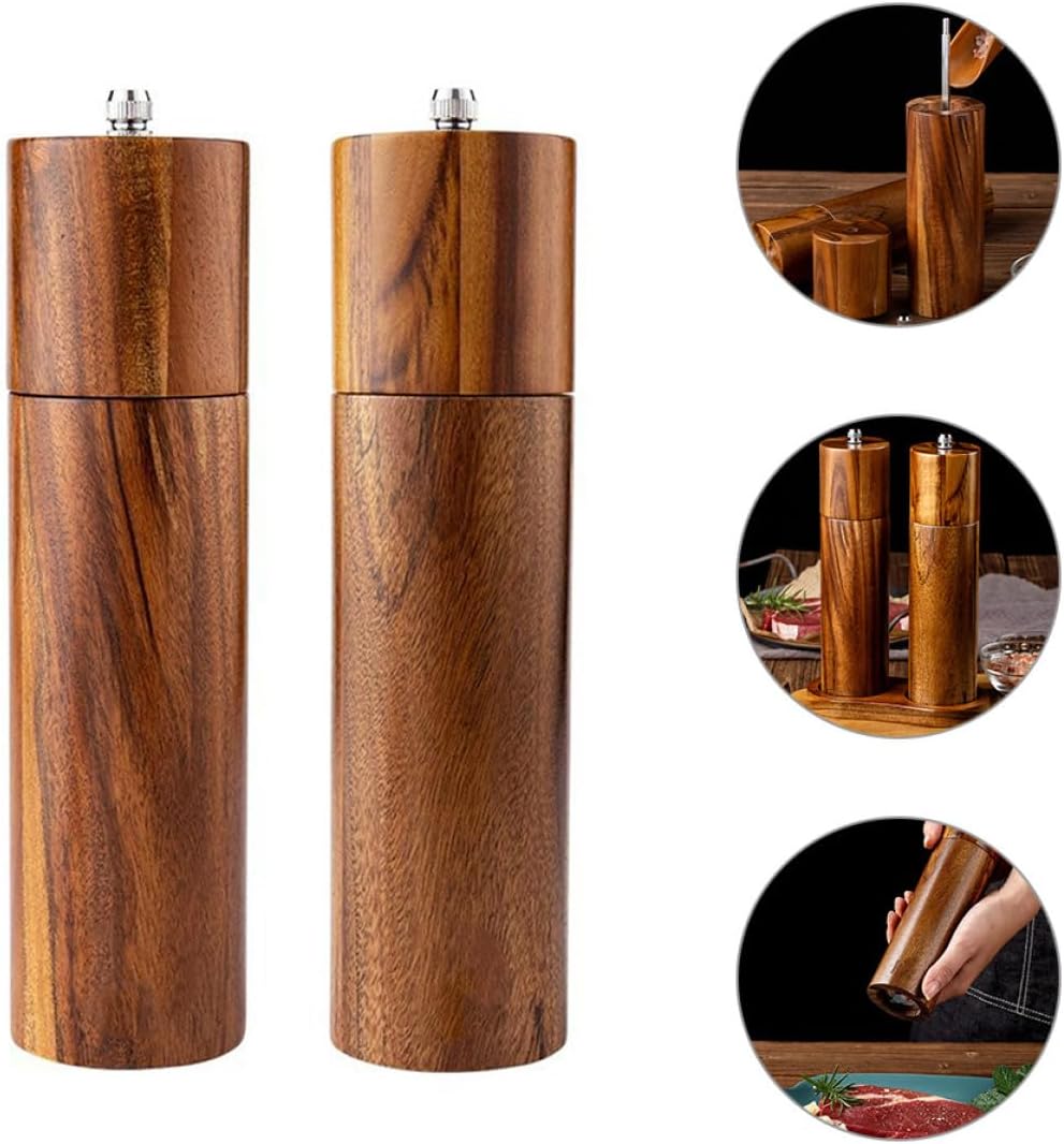 Manual Acacia Wood Pepper Grinder and Sea Salt Mill Set, 8-inch Cylindrical Ceramic Core Handheld Spice Grinder for Kitchen and Dining, 2pcs Pack with Color Box