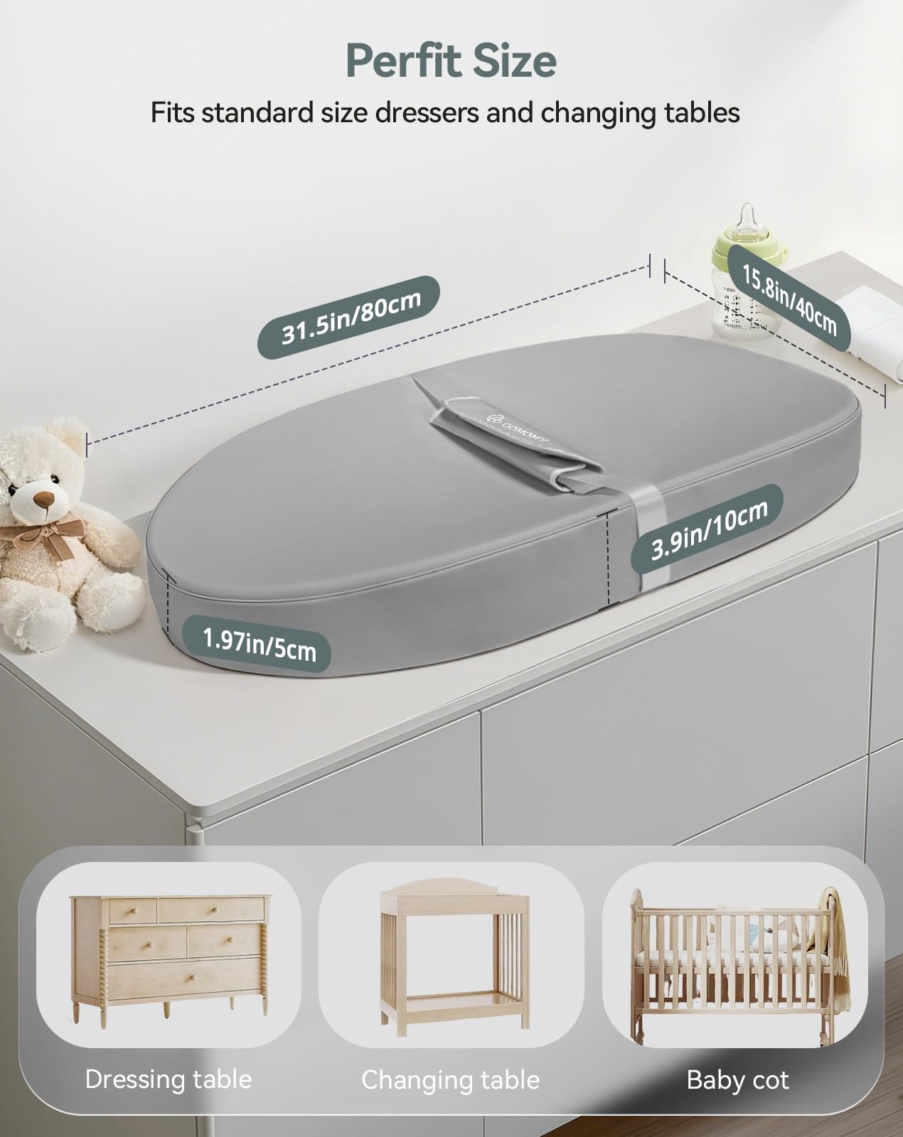 COMOMY Cambiador de piel vegana, 80 x 40 cm, impermeable y lavable, con cinturón de seguridad y diseño antideslizante, suave y ligera, color gris