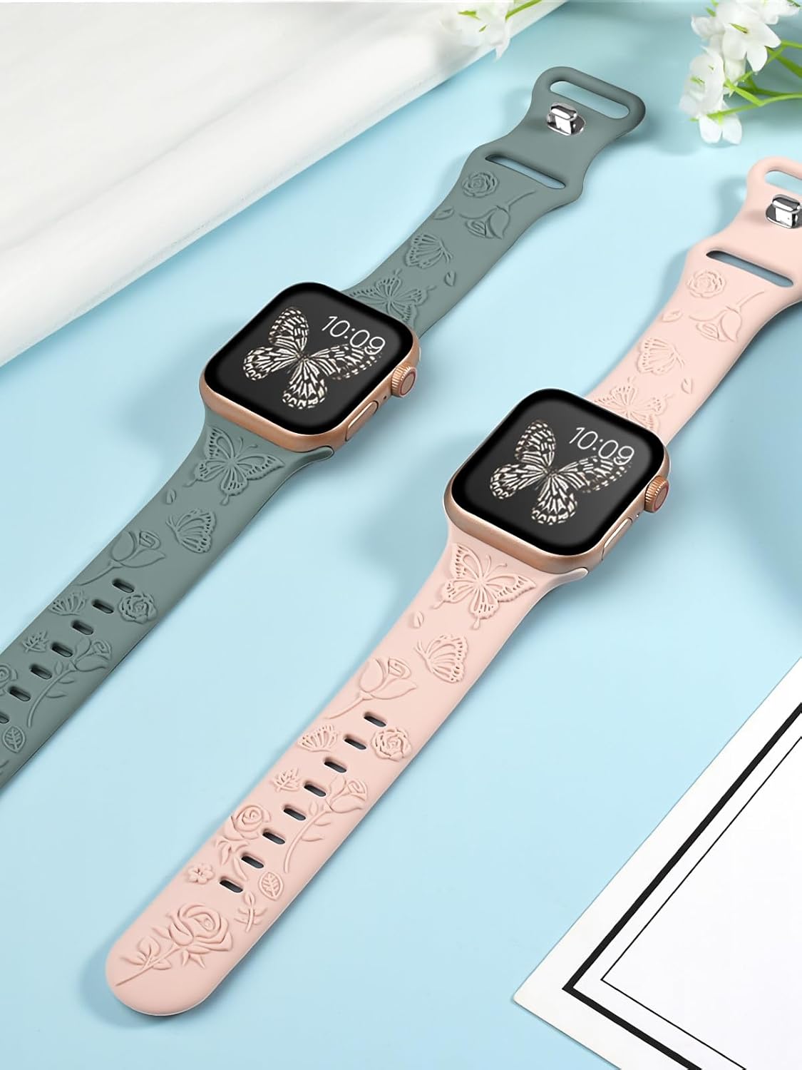 Watbro 4 Pack Floral Engraved Silicone Bands Compatible with Apple Watch Band 38mm 40mm 41mm 42mm 44mm 45mm 49mm Women, Soft Butterfly Charms Strap for iWatch Series 9 8 7 6 5 4 3 2 1 SE Ultra