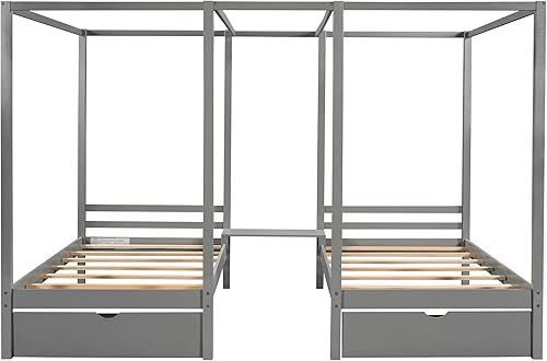 Miniatura 4 de SIYAHOME Camas de plataforma con dosel doble compartido de tamaño individual con dos cajones y escritorio integrado diseño que ahorra espacio