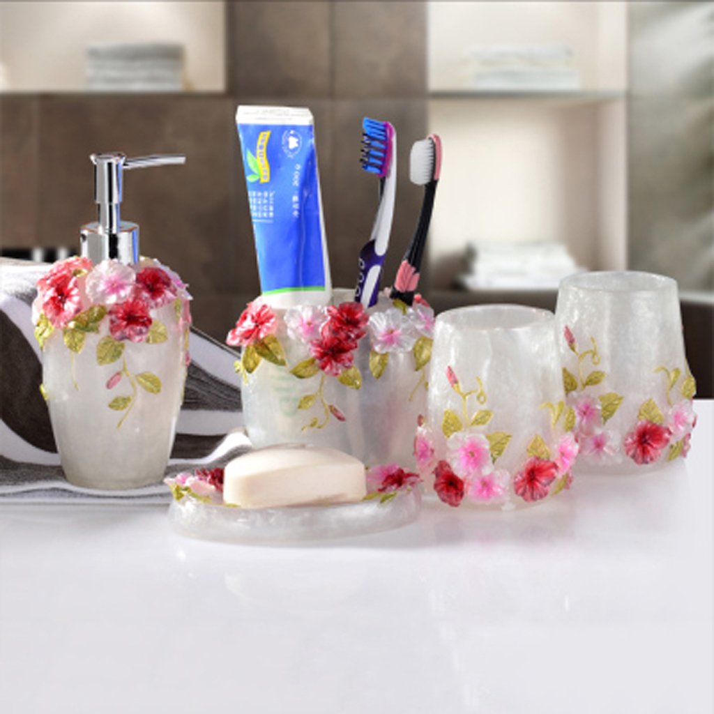 HYLR Bathroom Accessory Set European style Resin farmhouse style Wash it Bathroom 5 pieces bathroom soap dispenser Including soap dispenser Toothbrush holder soap dish holder rinse cup