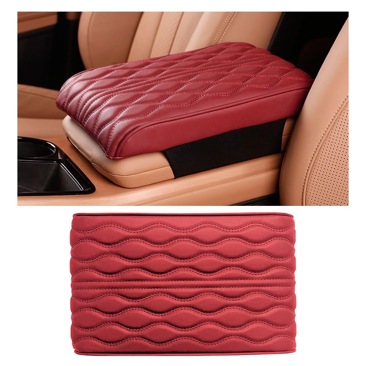 Ziciner Car Center Console Cover, Leather Memory Foam Armrest Cushion Protection Pad, Waterproof Hand Rest Pillow with Height Increase, Universal Accessory for Most Car (Wine Red)