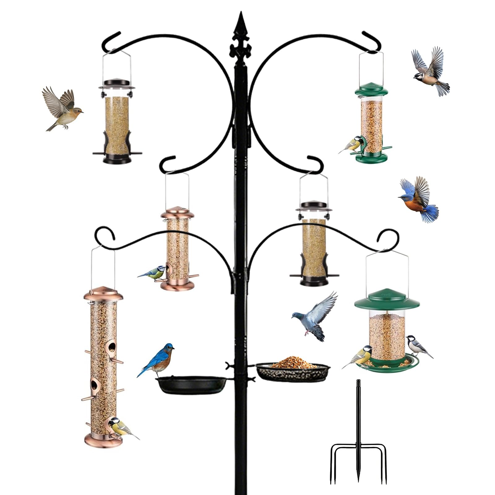 Bird Feeders Hanging Station, 223CM Bird Feeder Pole with 5-Prong Base, Bird Feeder Stand Heavy Duty, Extra Tall Shepherds Crooks Hooks for Outdoor Garden, Lamp, Flower Basket, Wind Chimes — view 8