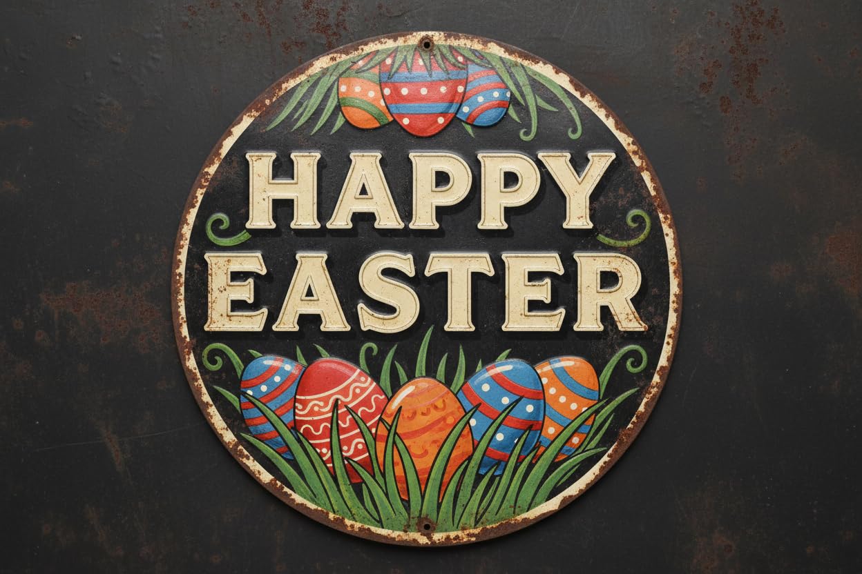 Rabbit Easter Eggs Round Metal Tin Sign Vintage Spring Wall Art for Home Farmhouse Kitchen Living Room 12x12inch