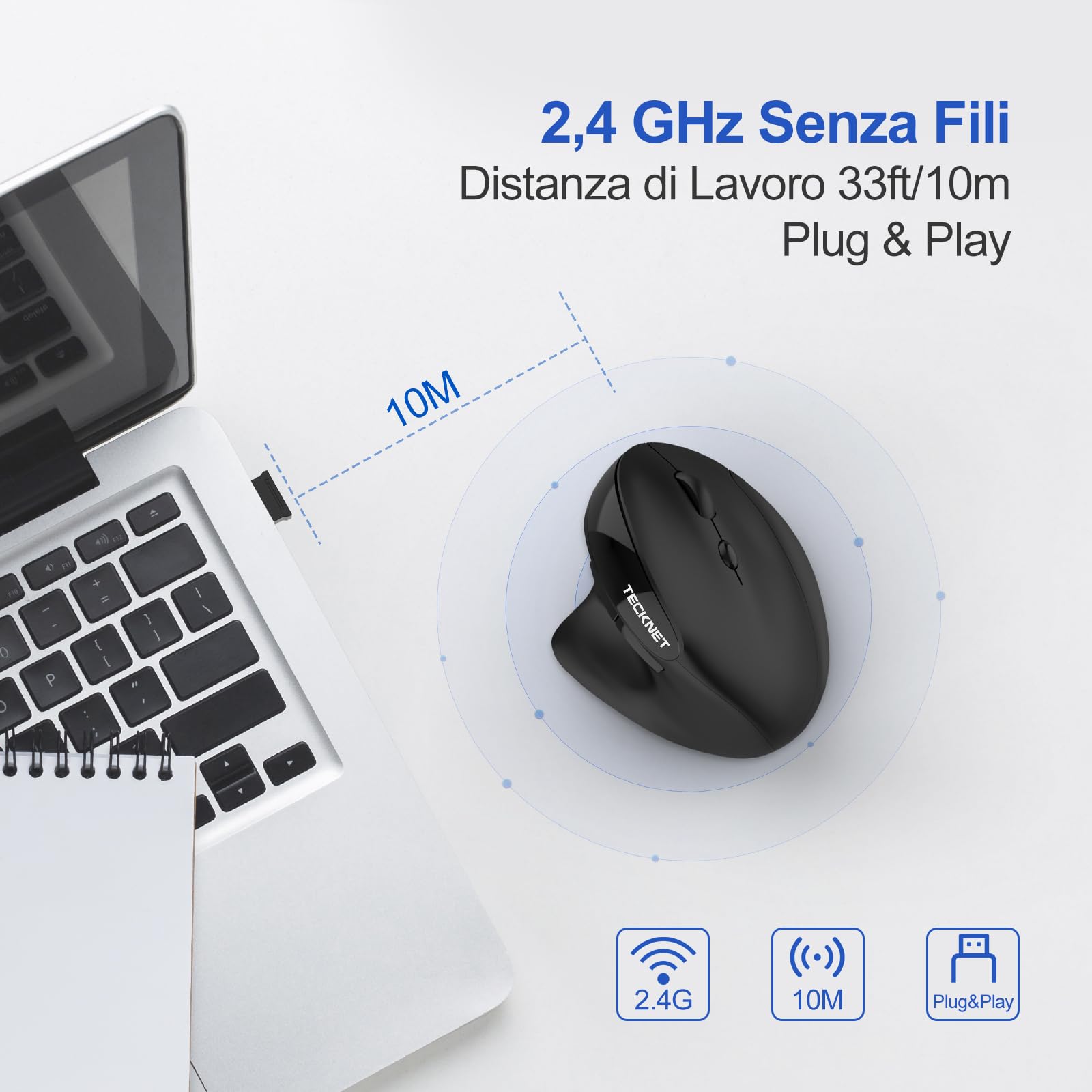 TECKNET Mouse Verticale Ricaricabile,Mouse Ergonomico Wireless 2400 DPI, 6 Pulsanti con 5 Funzioni Regolabili DPI per Computer, Laptop, Mac