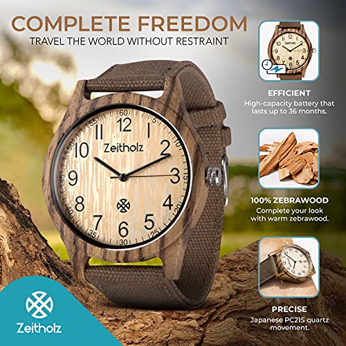Zeitholz Unisex Wooden Watch - Altenberg Model, Handmade from 100% Natural Zebrawood with Quartz Movement - Lightweight Analog Wooden Watch for Men and Women - Adjustable Band Fits Any Wrist2