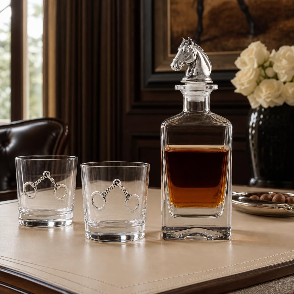 Arthur Court Dekanter-Set für Reitsport mit Whiskygläsern, 750 ml, Glaskaraffe mit Pferdekopf-Stopper, perfekt für Zuhause, Bar oder Männerhöhle
