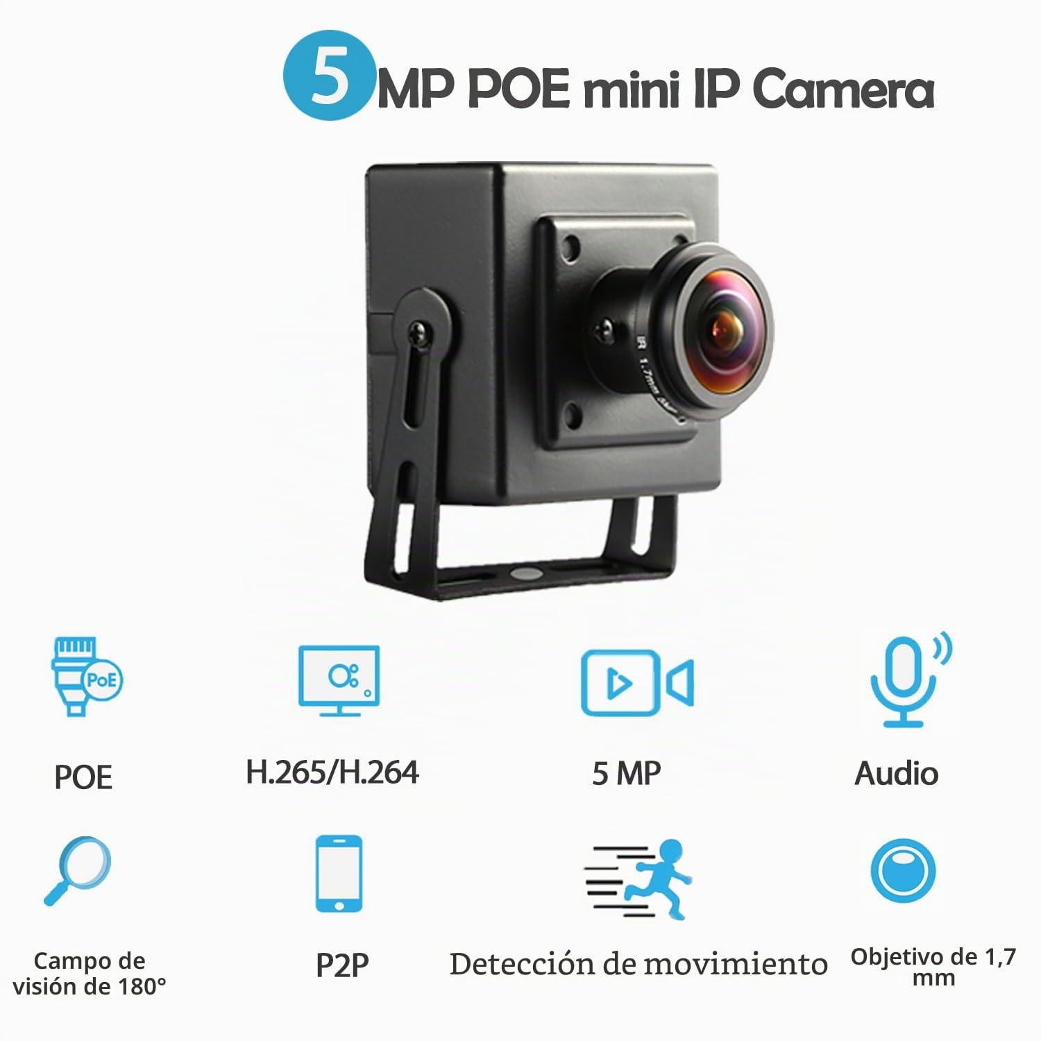 5MP Mini Ojo de Pez PoE Cámara IP con micrófono Incorporado, Audio Cámara de Seguridad Interior 1.7mm Lente 180° Ángulo de Visión P2P Vista Remota Cámara CCTV (I706-3-P-A-HS)