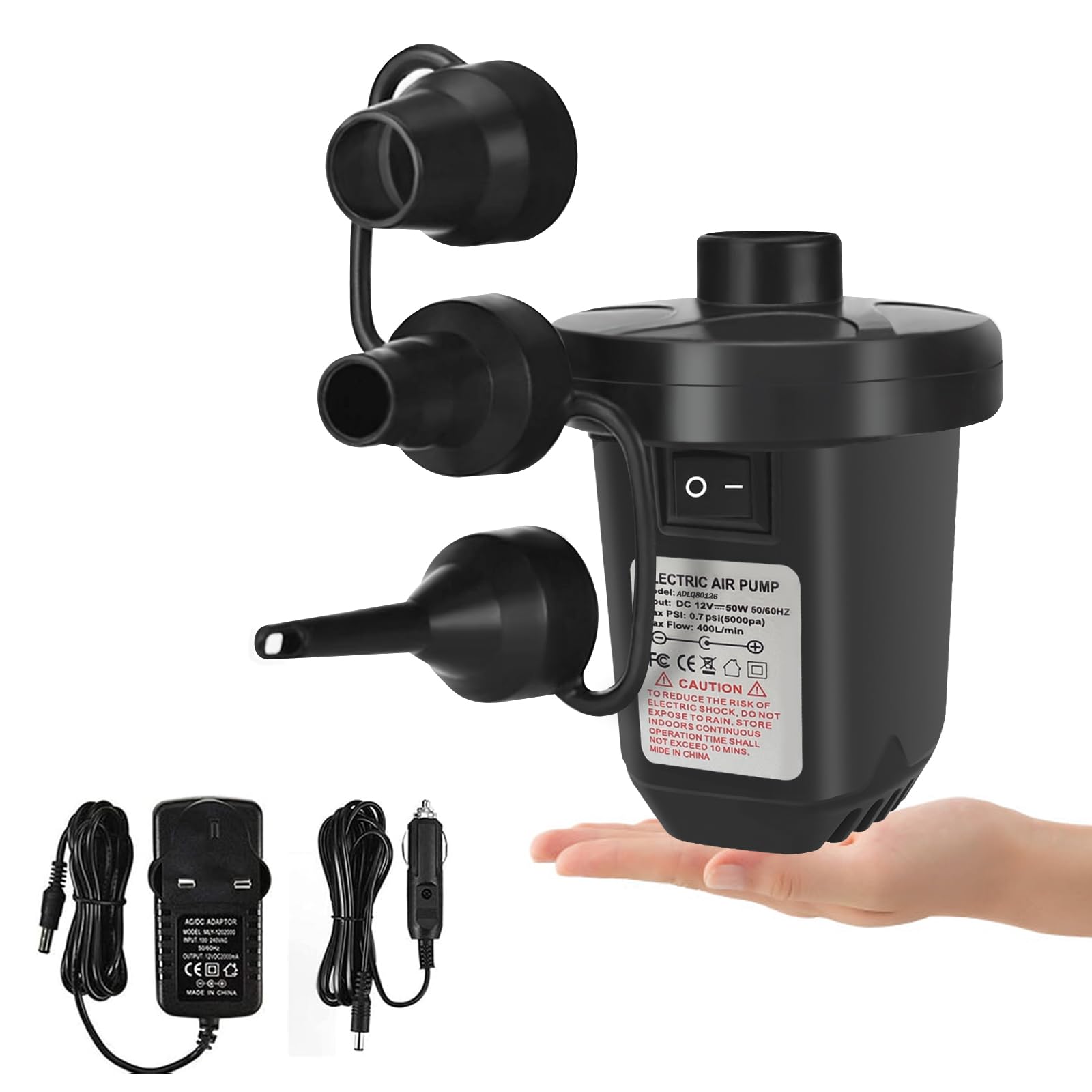 Jsdoin Electric Air Pump,220-240V/50W High Power Electric Air Pump for Air Bed Mattress Inflatables Paddling Pool Beach Toysswimming pool toys, Fill Inflator Deflator with 3 Sizes Nozzle