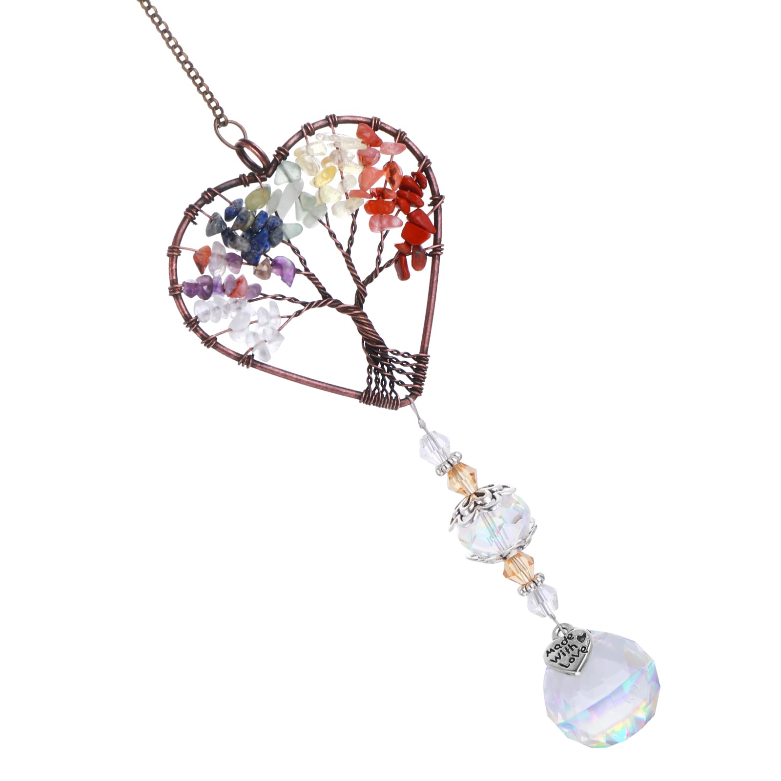 AmaxiuCrystal Sun Catcher for Window, Tree of Life Sun Catchers Decor with Prisms Hanging Suncatcher with Crystal Heart Shaped Hanging Ornament Chakra Stones Window Crystal Ball Prism