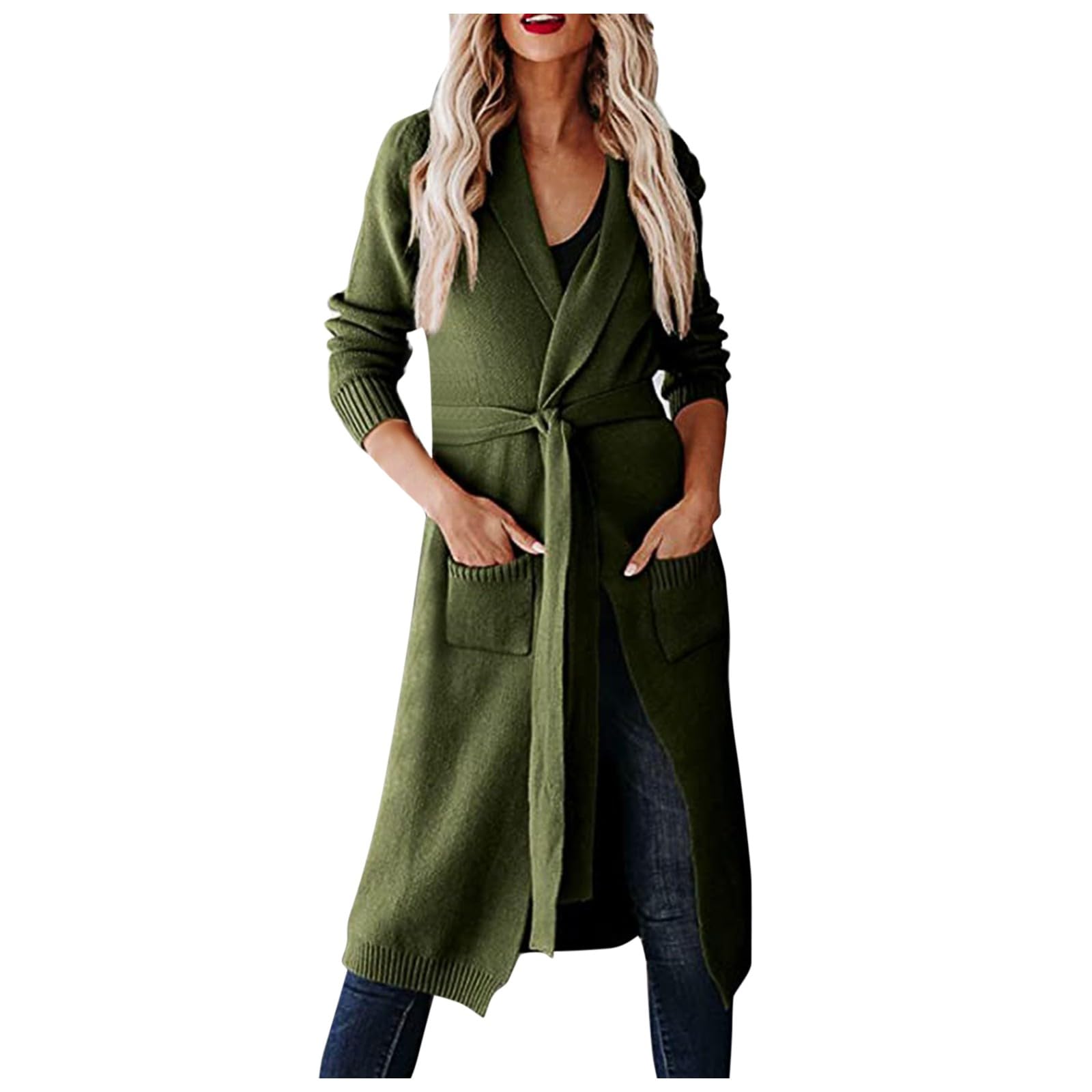 Strickjacken Für Damen Lang mit Kragen Strickjacke Damen Winter Feinstrick Strickmantel Warm mit Gürtel Long Cardigan Elegant mit Schalkragen Longstrickjacke Winter mit Taschen Strickcardigan