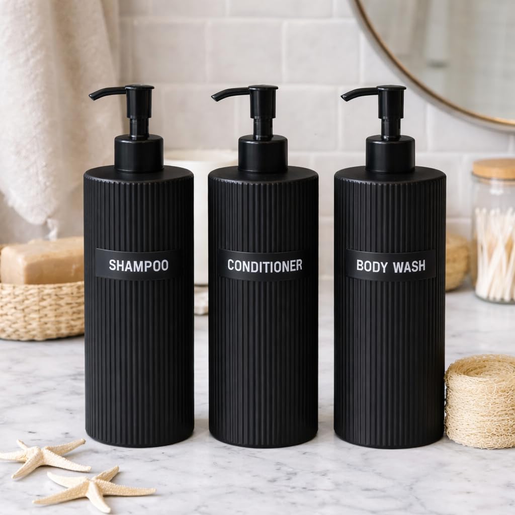 New Stunning Tall Bathroom Soap Dispensers 3 Pack with Shampoo Conditioner and Body Wash Labels – Stylish Refillable Pump Bottles for Neat and Uniform Bathroom Storage -A04 (Black)