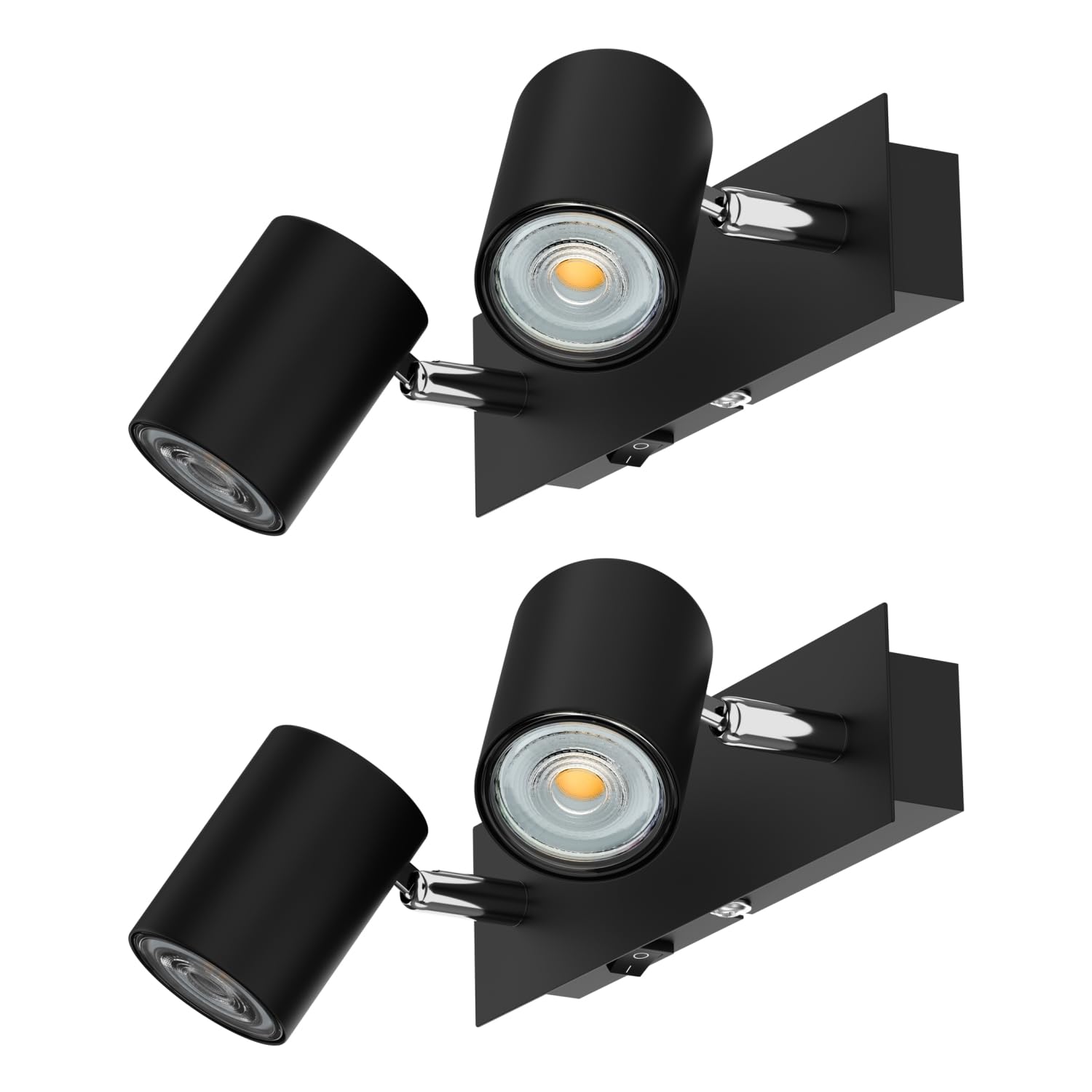 ledscom.de 2x Wandspot WAIKA, zweiflammig, mit Schalter, schwarz matt, inkl. GU10 LED (warmweiß, je 7,6W, 1103lm, 33°)