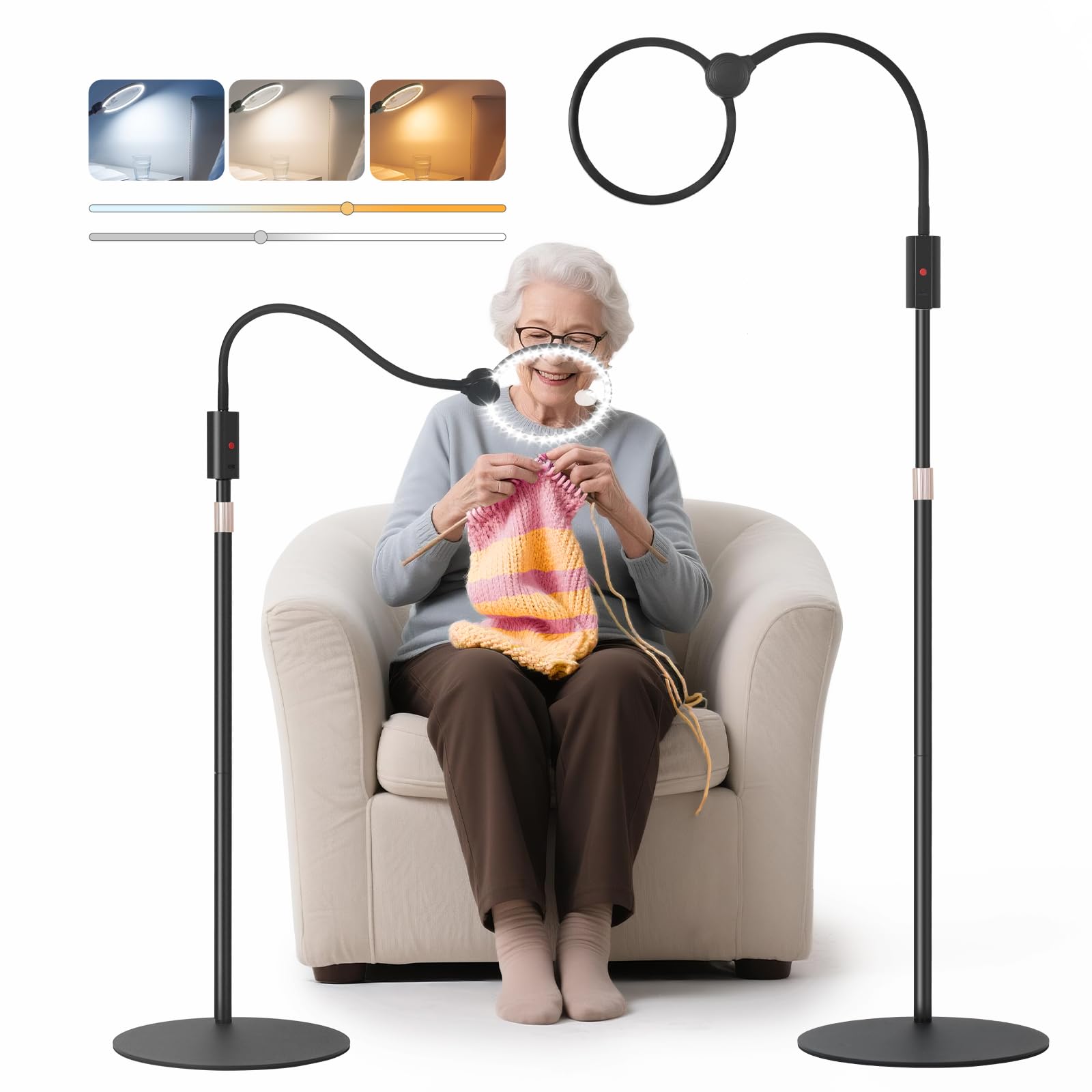 Floor Magnifying Glass with Light and Stand with Real Glass Lens, Magnifying Floor Lamp with Light Adjustable Height, 3 Color Modes, 360° Flexible Gooseneck Hands Free Magnifier for Close Work