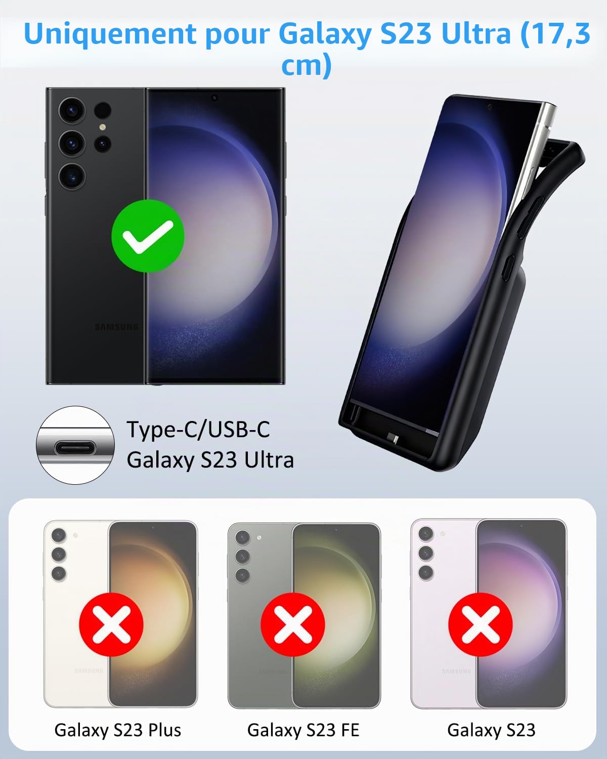 Coque Batterie pour Samsung Galaxy S23 Ultra 15000mAh,Étui Batterie Charge Rapide sans Fil Qi Intelligente Portable Coques d'alimentation, Externe Chargeur Rechargeable PowerBank