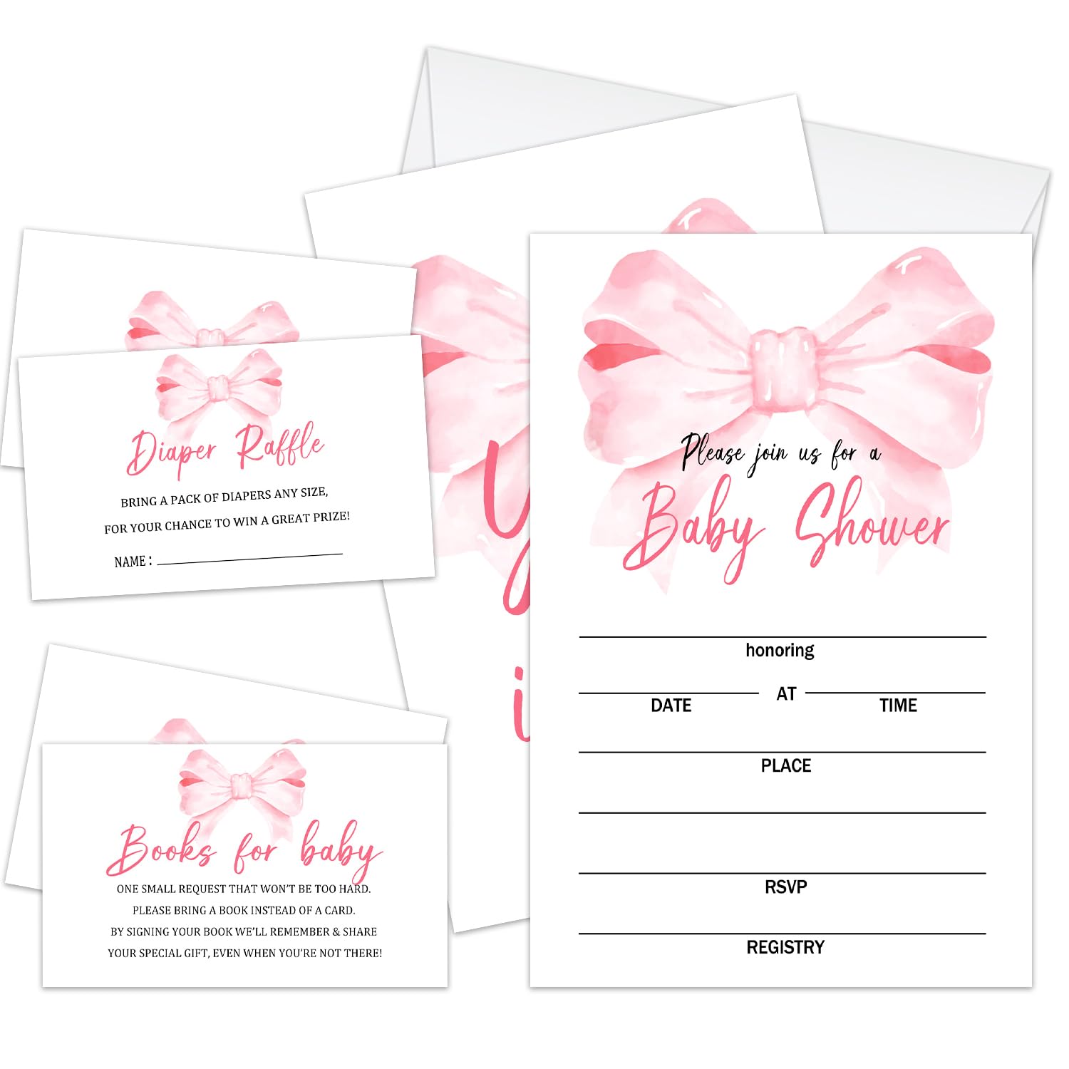 Zwsrplo Girl Baby Shower Invitations for Girl, Set of 25 Baby Shower Invites Pink Bow Gender Reveal Invites Cards with Envelopes, Book Request Cards,