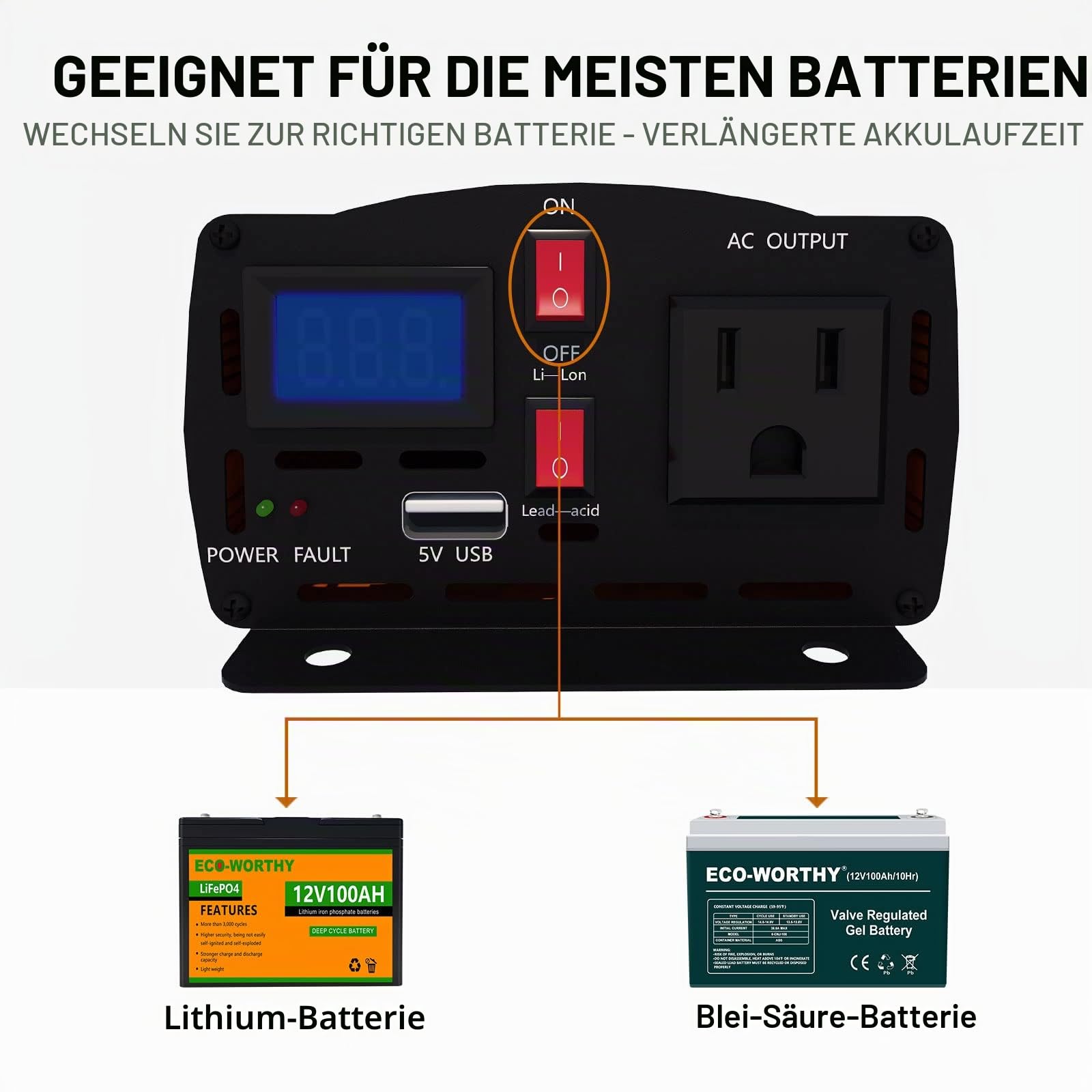 ECO-WORTHY 600W 12V netzunabhängiger Solarwechselrichter DC 12V AC 220V Sinuswelle für Auto Wohnmobil Caravan Camping und Solar System Haus