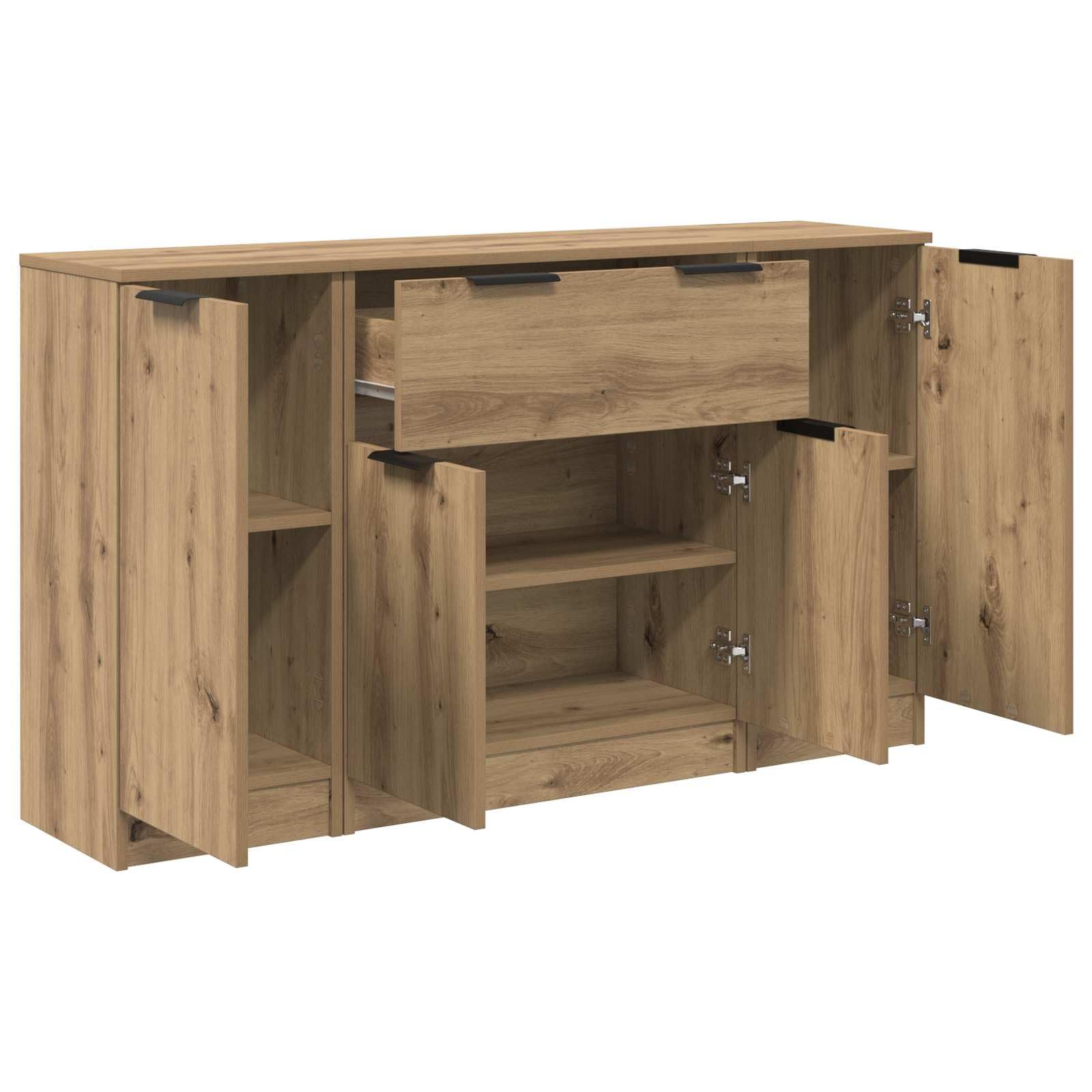 Bufet 3 pcs Dąb rzemieślniczy Materiał drewnopochodny Nowoczesny kredens do salonu i jadalni 120x30x70 cm z 4 drzwiami półkami pojemny mebel do przechowywania naczyń i dekoracji