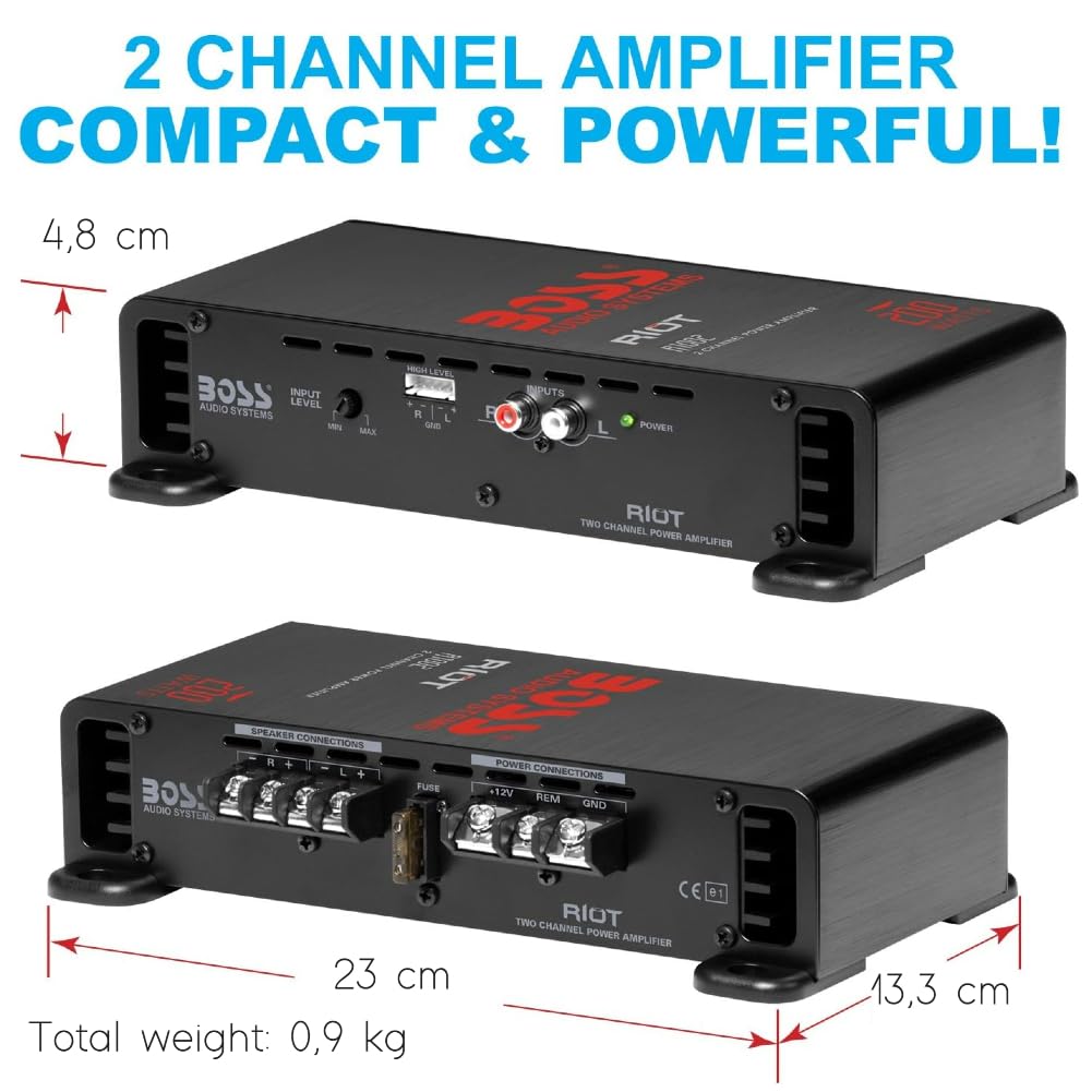 KIT SET amplificatore PER BOSS AUDIO SYSTEMS RIOT R1002 1 amplificatore stereofonico 2 canali, full-range, 200 watt max, classe a/b, per auto, 1 pezzo + cavo high level e fusibile omaggio