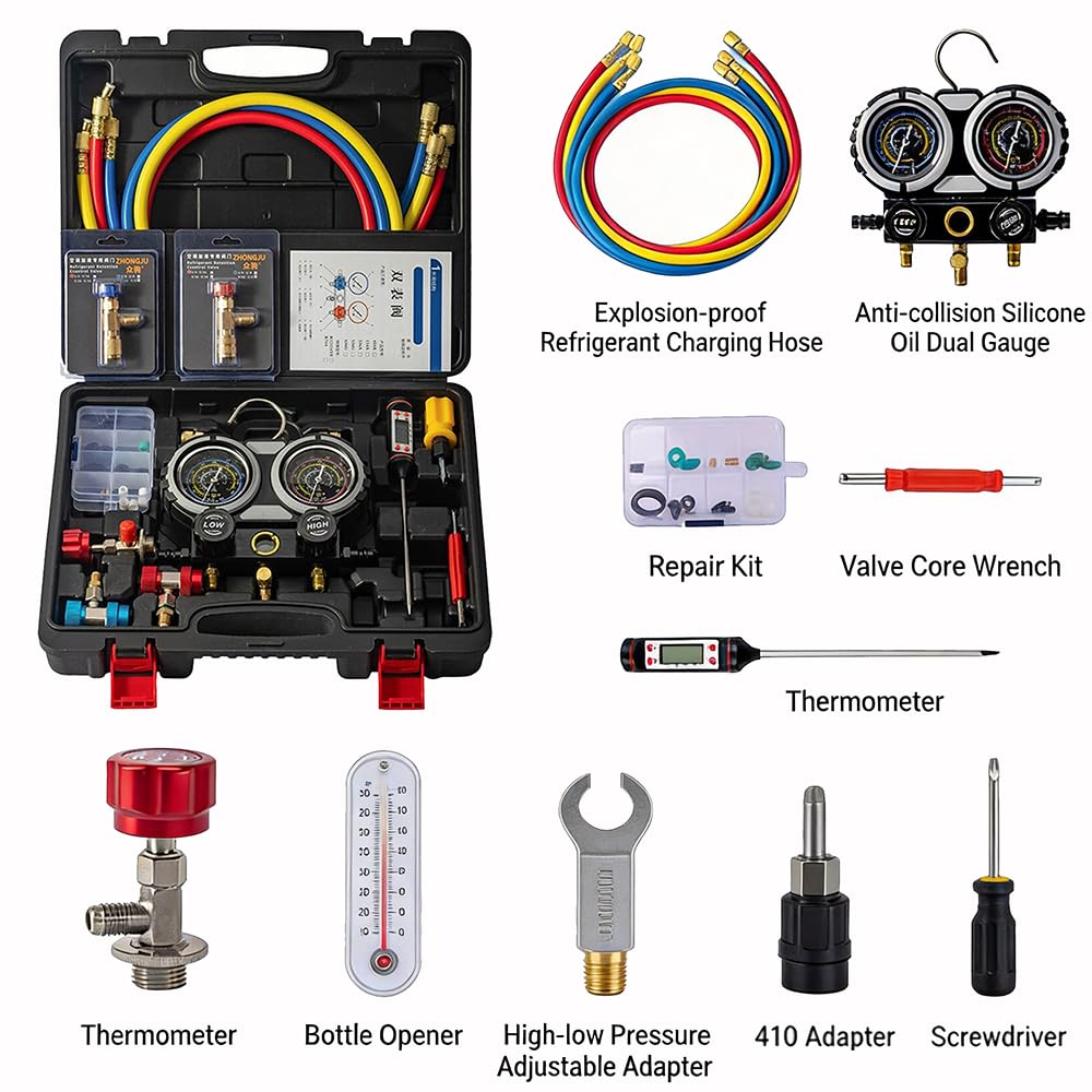 HEYOUTH Set Manometri Condizionatori 3Vie, Kit Ricarica Aria Condizionata Auto,con 3 * 1.5mKit Tubo e Gancio per Gas Refrigerante | Attrezzo per Officine e Riparazioni Auto, Furgoni, Clima Auto