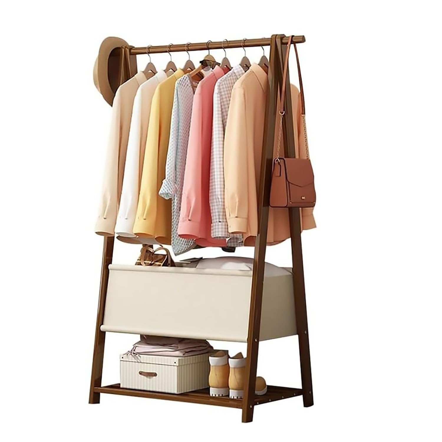FGXHHS Bamboo Hanging Garment Rack with 2 Tiers Storage Shelves for Clothes Bedroom Free Standing Coat Rack, Lightweight Foldable Stand